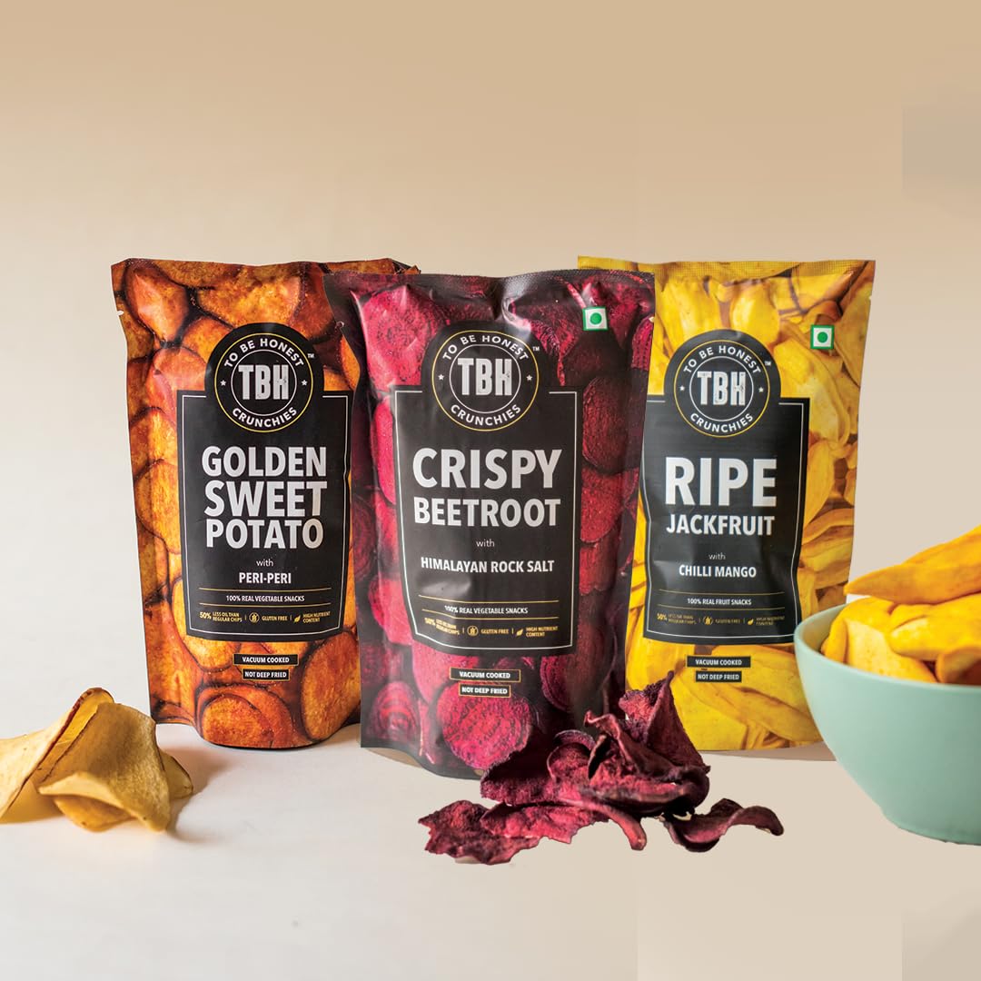 TBH - To Be Honest Vegetable Chips|Golden Sweet Potato, Crispy Beetroot|Ripe Jackfruit|Gluten Free|Vegan Friendly Snack|Low Fat|50% Less Oil|No Preservatives-Pack Of 3-(35 Gm X 2, 25 Gm)