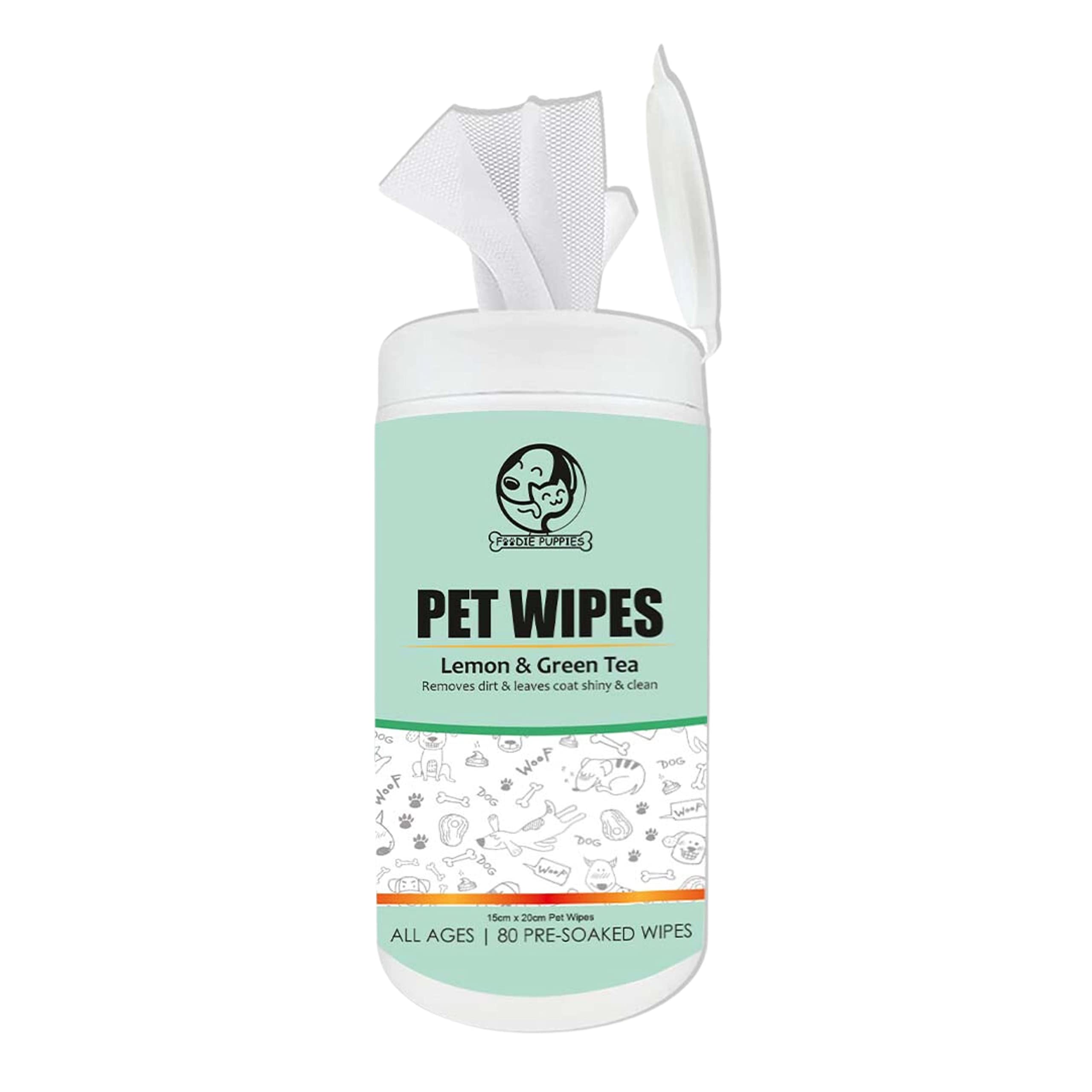 Foodie Puppies Pet Wet Canister Wipes (80 Pulls) for Dogs, Puppies, Cats, Kittens, Rabbit & Small Animals | Enriched with Lemon and Green Tea | Dry Bath, Ear & Paw Daily Cleaning Grooming Wipes