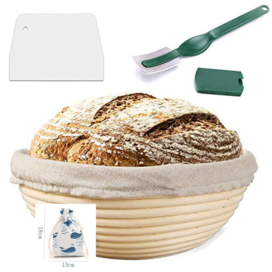 Bread Proofing Basket with Bread Lame, Dough Scraper, Linen Liner Cloth for Professional & Home Bakers (9in)