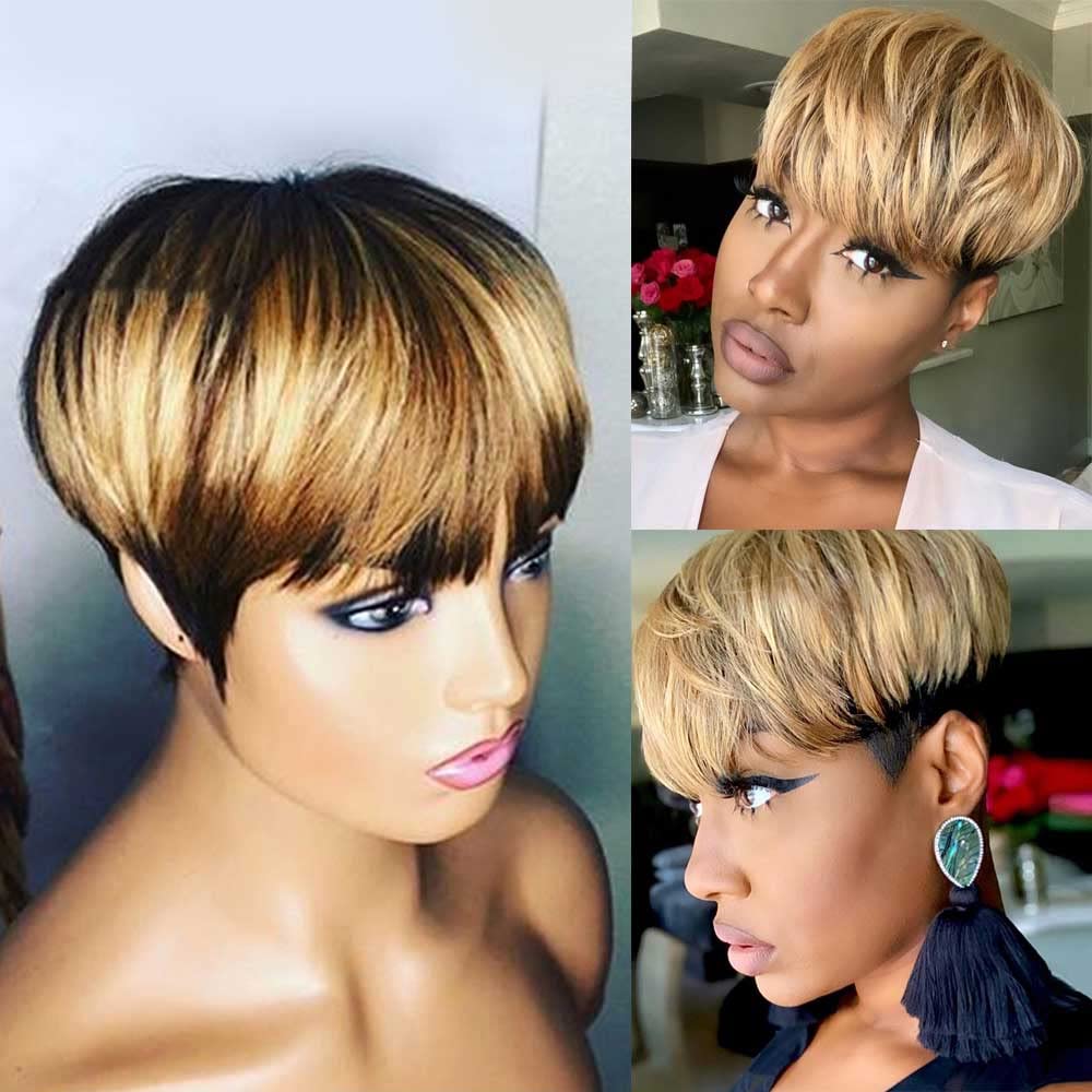 Pixie Cut Wigs for Black Women Human Hair Short Bob Wigs with Bangs Black Mixed Brown Highlight Color Wigs African American Mixed Color…