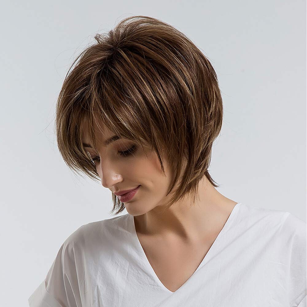 CPalsen Synthetic Wig Straight Style Pixie Cut Capless Wig Brown Brown Synthetic Hair 10 inch Women's Natural Hairline Brown Wig Short MAYSU/Yes