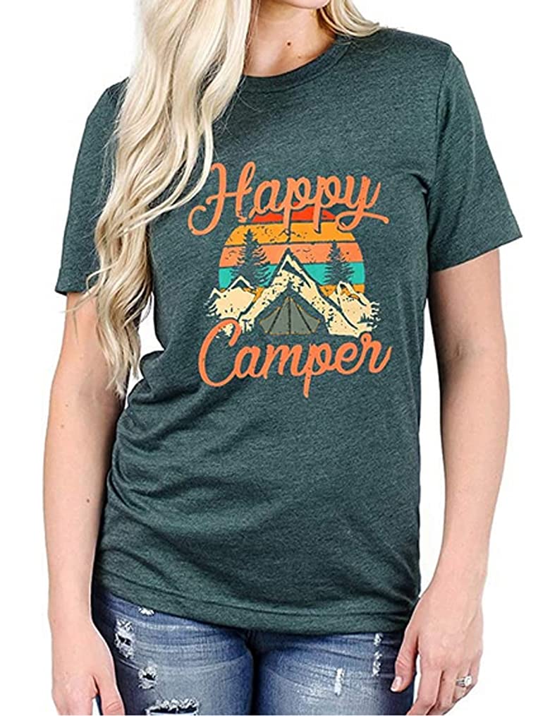 Funny Tee Shirts for Women,Camping Tee Shirts for Women Happy Camper Tee Shirt Funny Camping Graphic Tees Shirts (XXL, Green)