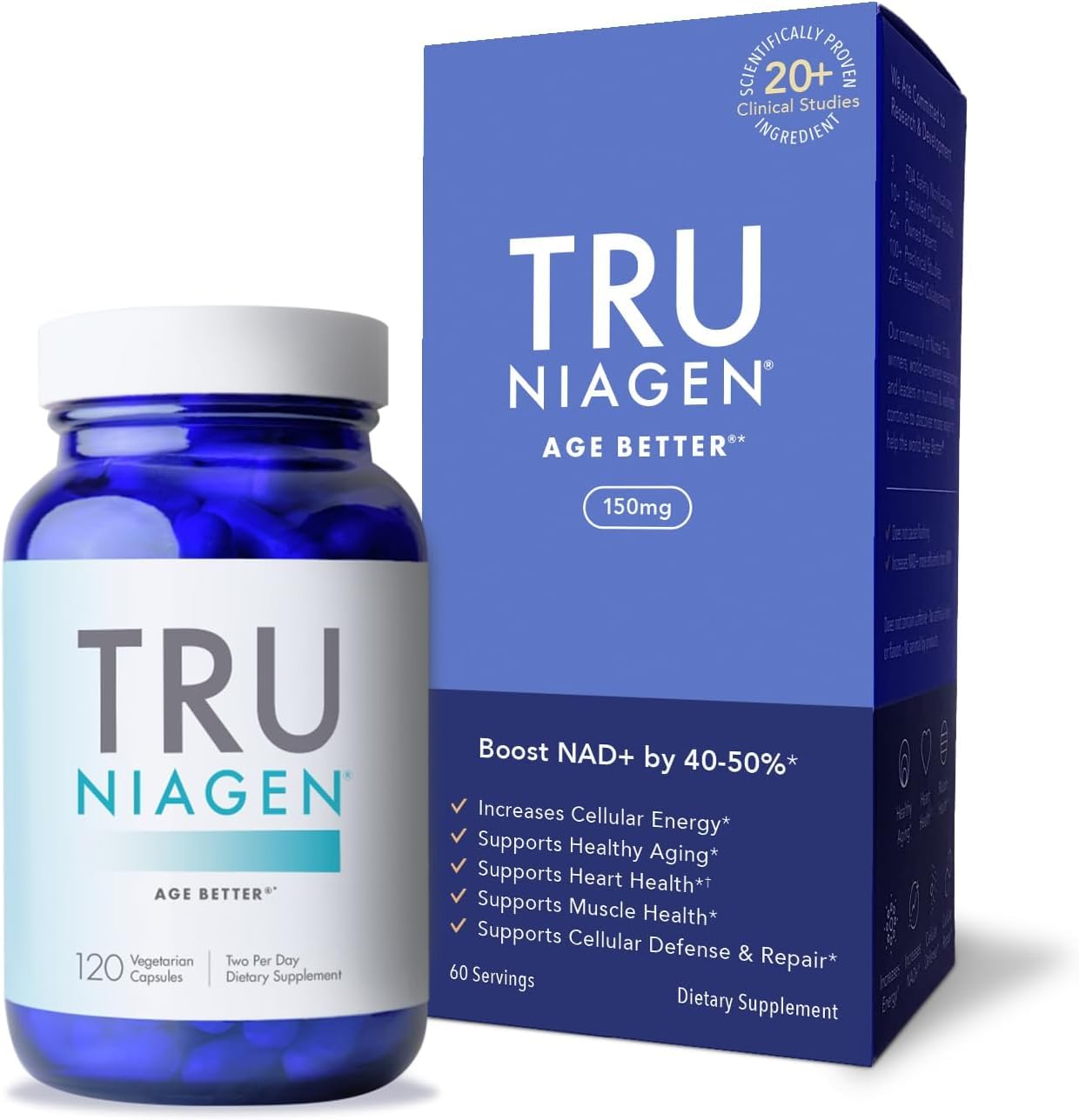 TRU NIAGEN - Patented Nicotinamide Riboside NAD+ Supplement. NR Supports Cellular Energy Metabolism & Repair, Vitality, Healthy Aging of Heart, Brain & Muscle - 60 Servings / 120 Capsules - Pack of 1