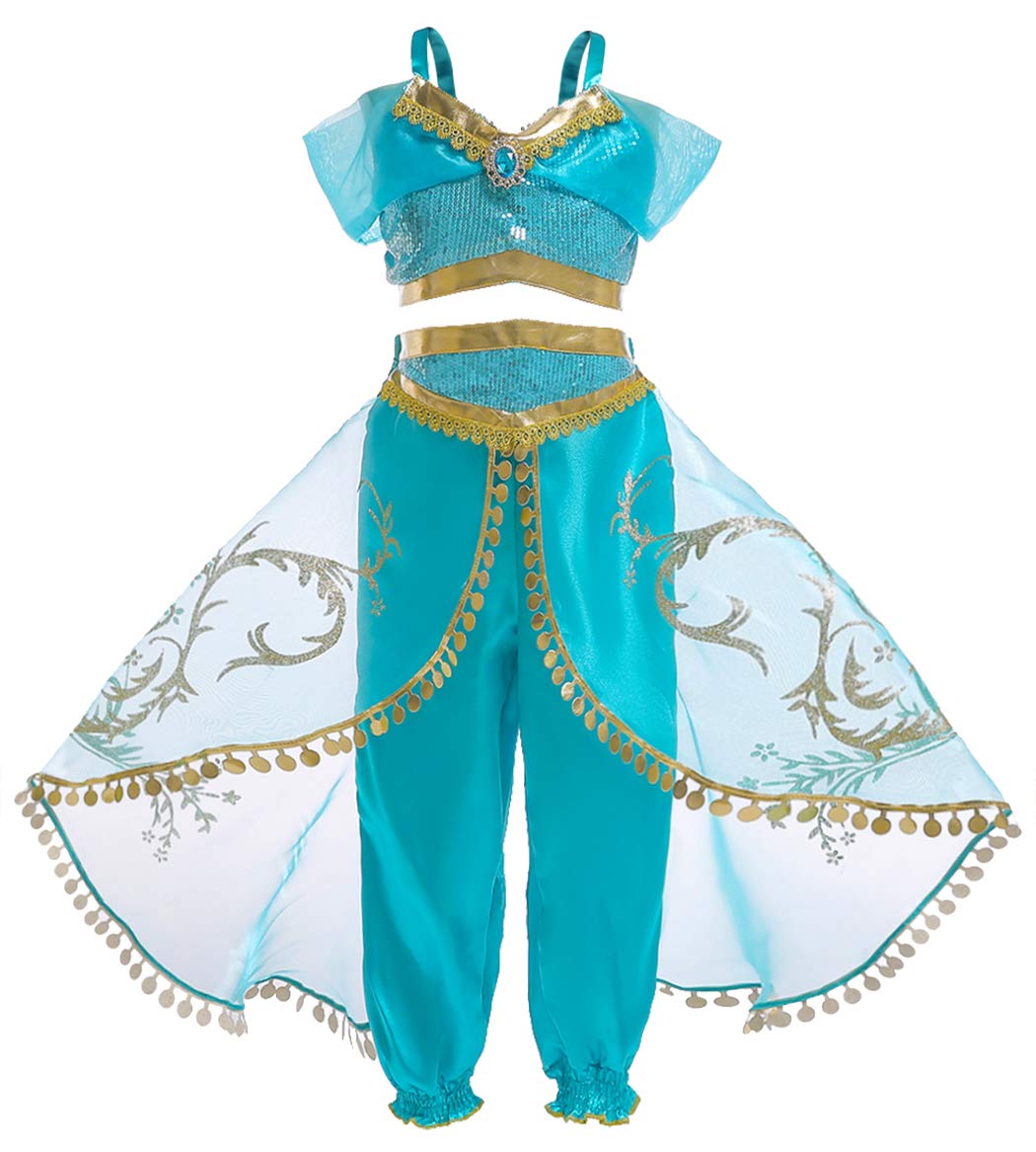 AmzBarley Princess Jasmine Costume Dress Up for Girl Party Dress Aladdin Princess Halloween Cosplay Belly Dance Outfit