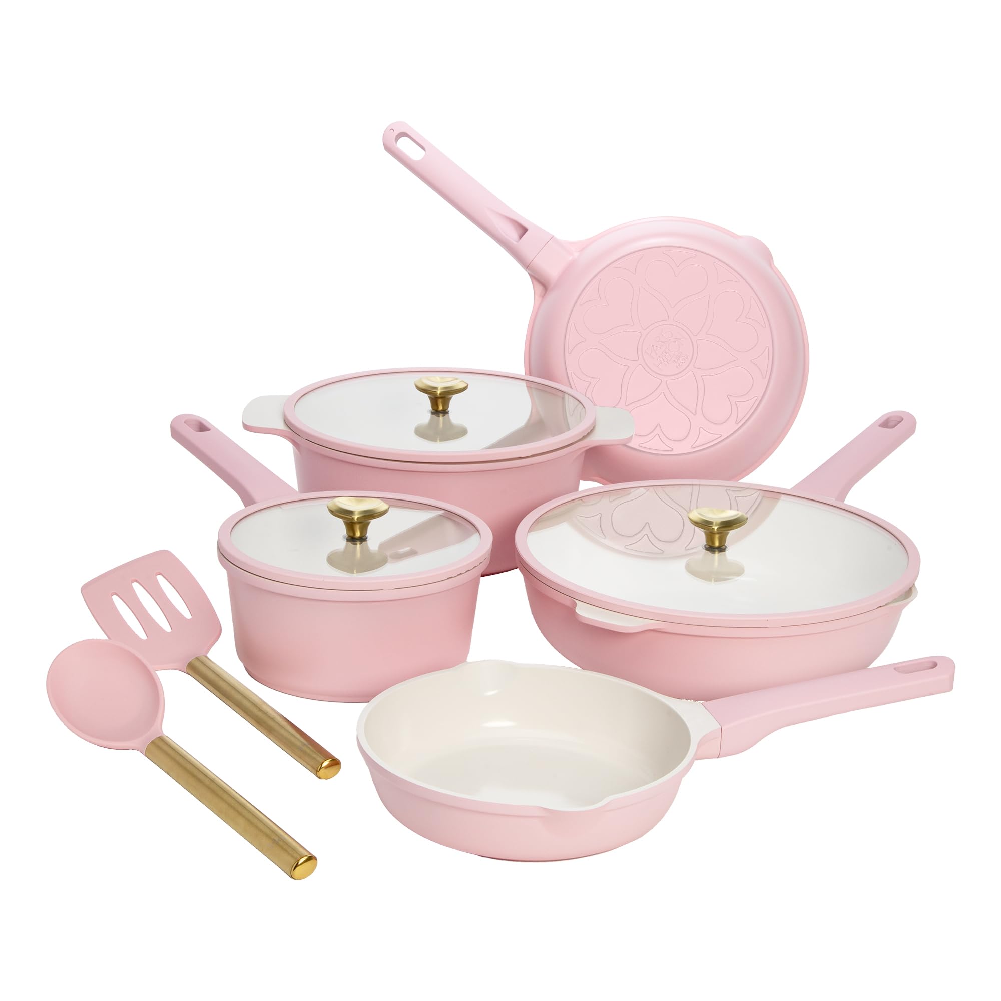 Paris Hilton Ceramic Nonstick Cookware Set, Cast Aluminum with Dual Layer Nonstick Coating, Gold Heart Knobs, Stay-Cool Handles, Made without PFAS, PFOA, PFOS & PTFE, Dishwasher Safe, 10-Piece, Pink