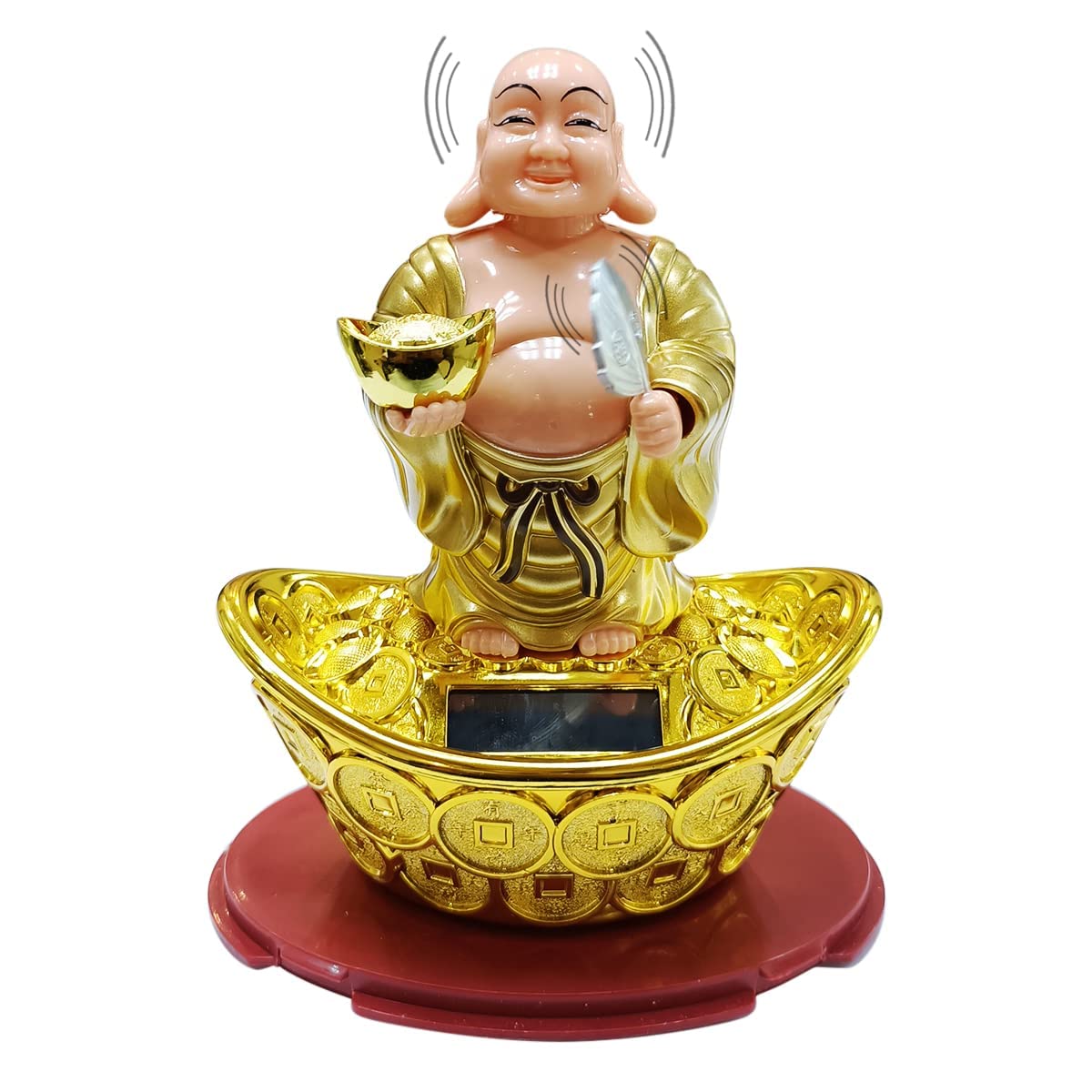 CORNO Solar Laughing Buddha Holding Ingot Moving Head and Fan for Good Luck Gifts, Showpiece for Home, Office and Car Dashboard