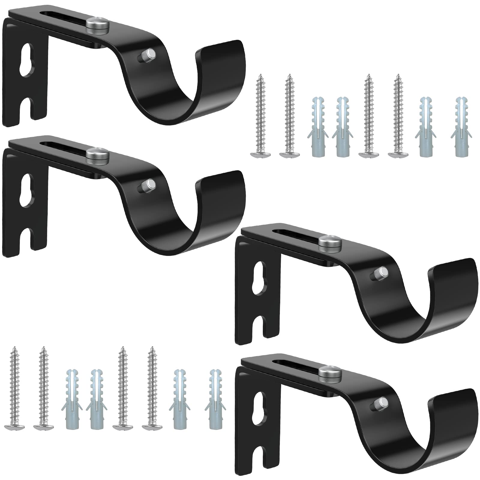 YeYeBest Heavy Duty Adjustable Curtain Rod Brackets, for 1 or 1 1/8 Inch Rods, Black, 4 Pack