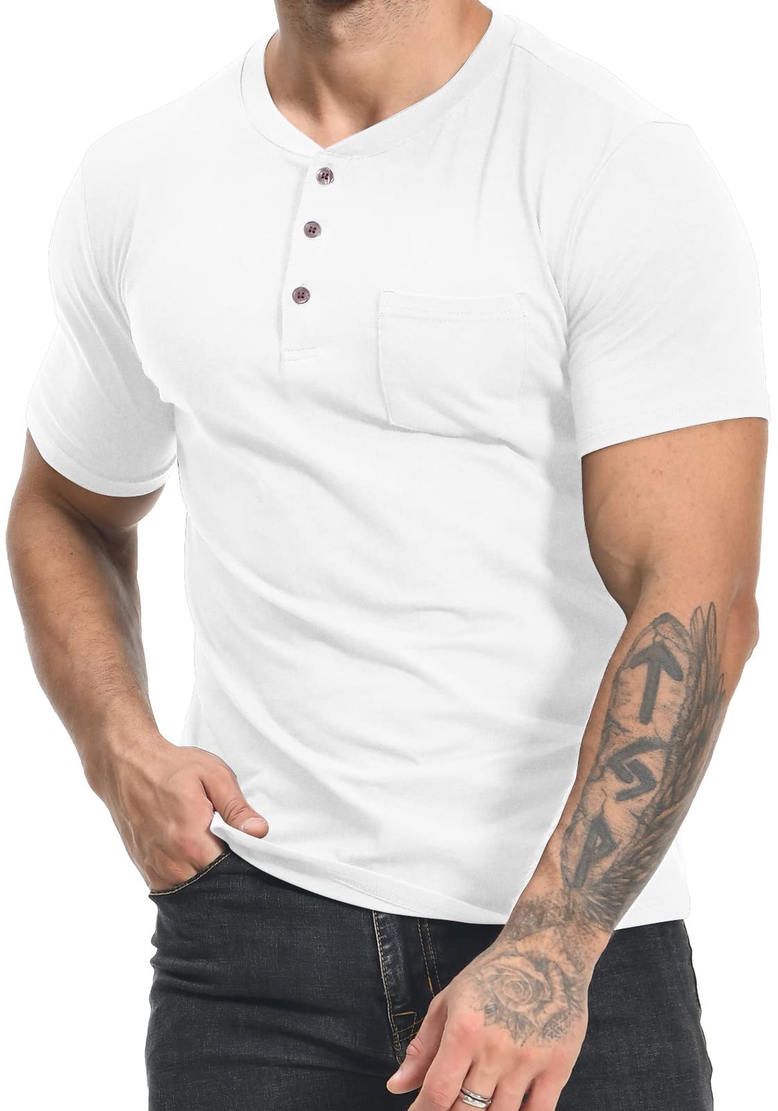 MLANMMens Fashion Henley Shirts Short Sleeve Button Cotton T-Shirt