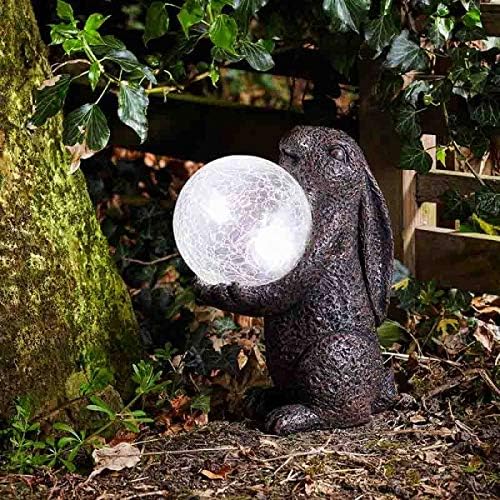 Garden Mile Garden Ornament with Crystal Ball Solar Power Garden Pond Light | Hand Painted Poly Resin Tarnished Bronze Effect Garden Statue Ornament | Outdoor Garden Patio and Pond Lighting (Hare)