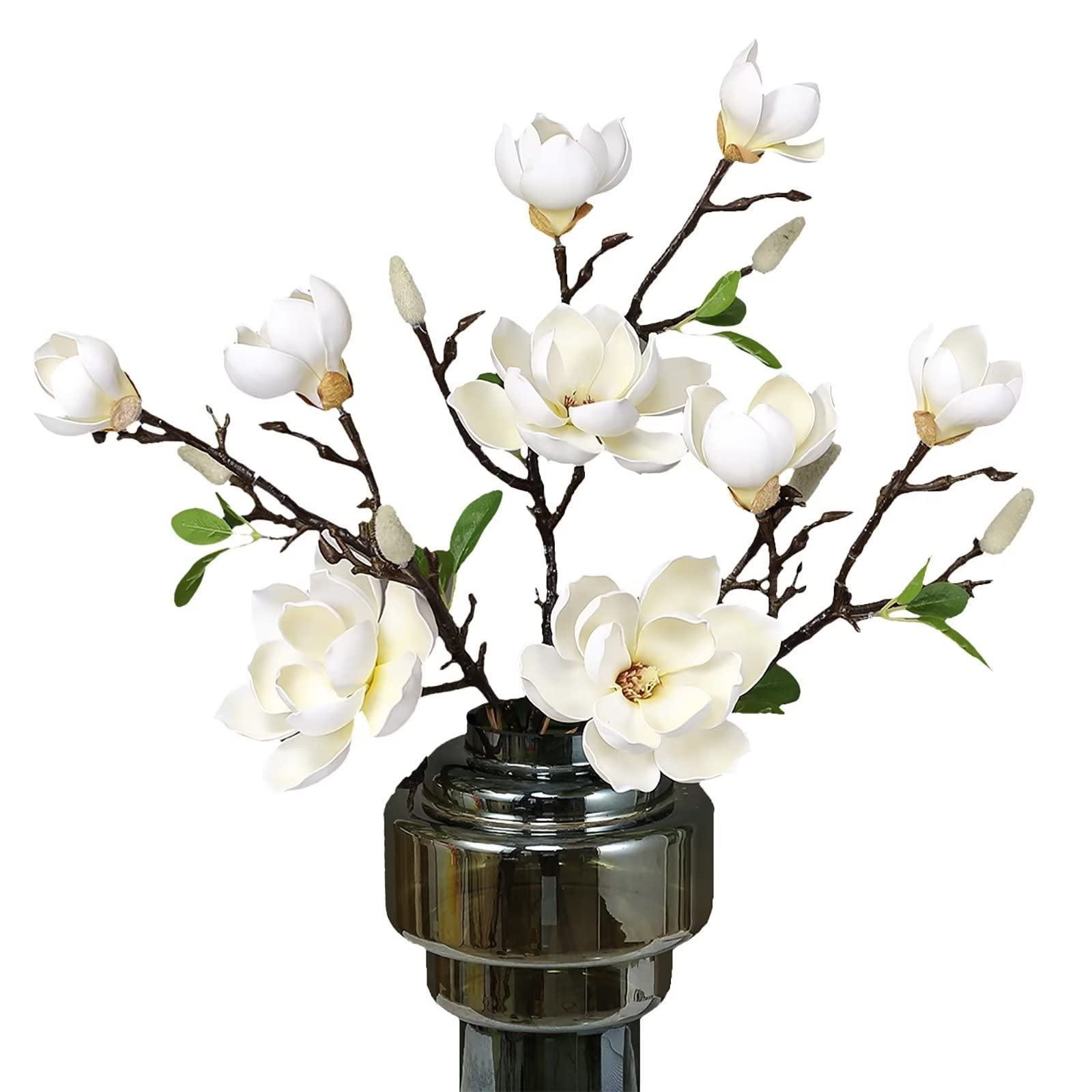 Emivery3PCS Artificial Magnolia Flowers Realistic Long Stem White Silk Magnolia with Green Leave Floral Arrangements for Tall Vase, Home Office Wedding Party Table Centerpiece