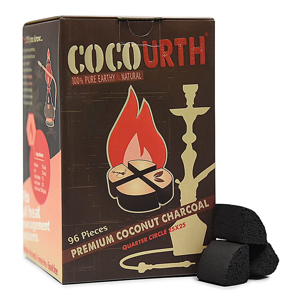 Natural Hookah Coconut Shell Charcoal Quarter Circle 25x25 96 PCS Electric Burner Briquettes Used Also for Cooking, Grilling, Barbecuing, Incense Narguile Coal (1kg)