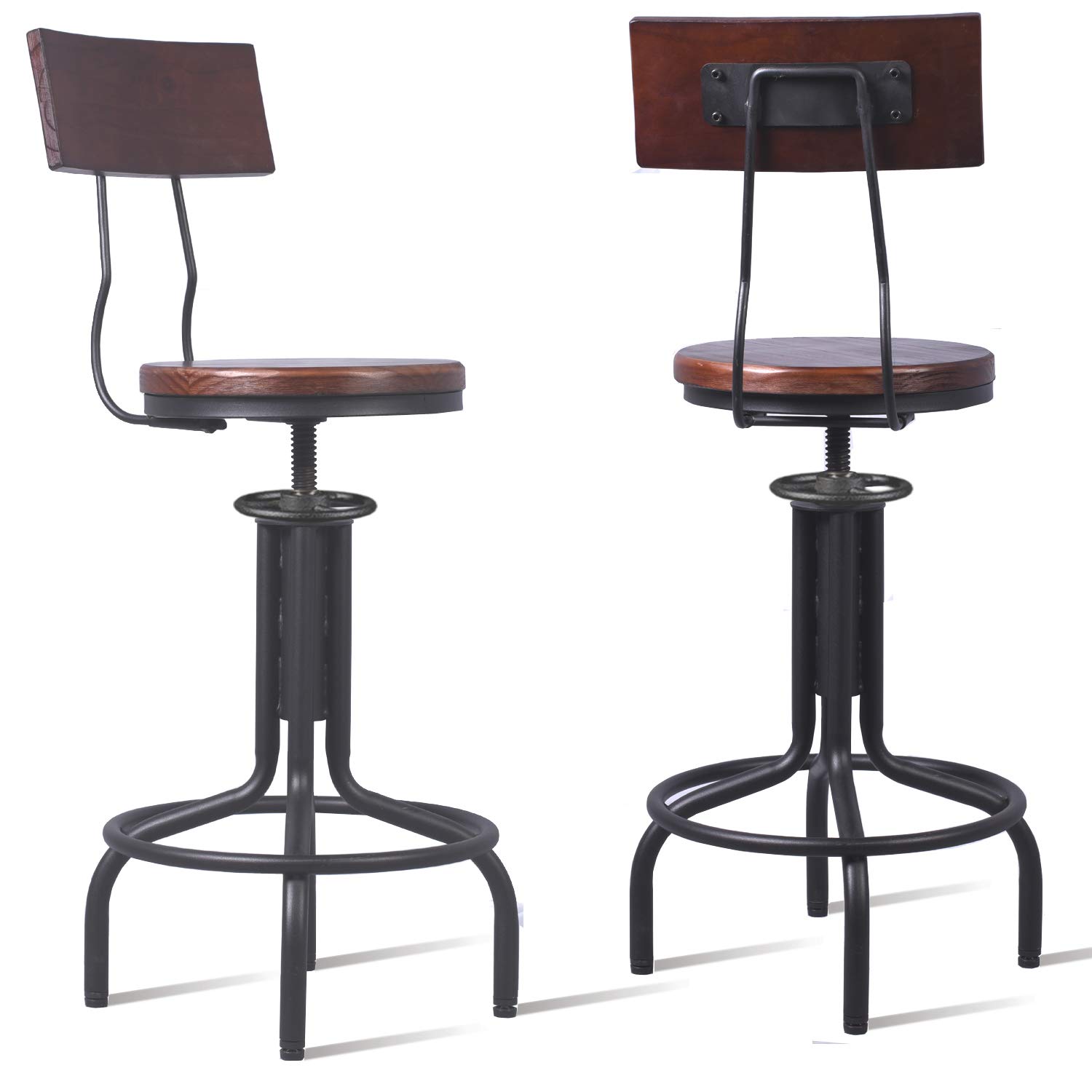 TopowerAmerican Industrial Antique Design Adjustable Height Kitchen Dining Breakfast Chair Metal Bar Stool with Backrest Fully Welded Set of 2 (Dark Brown Wood)