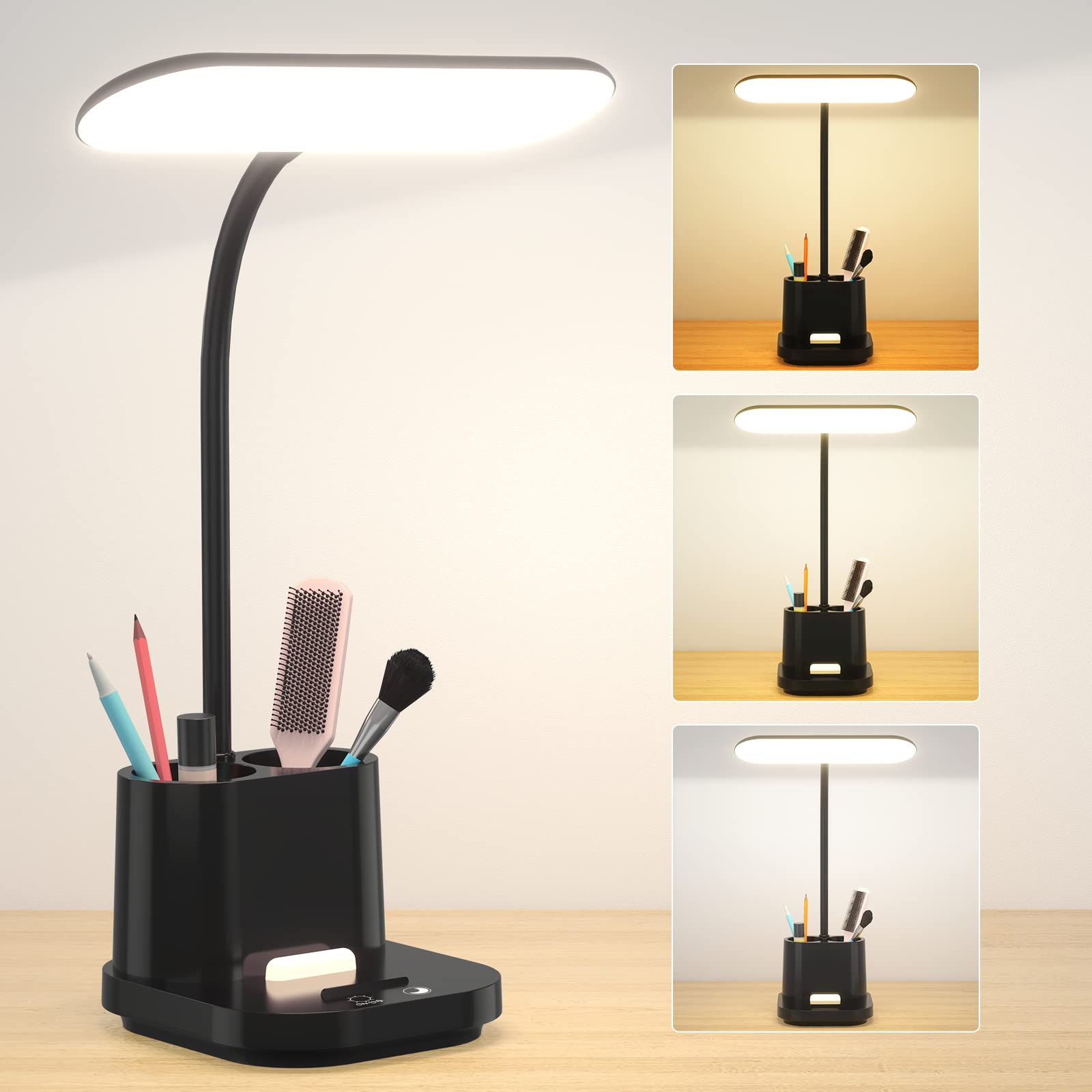 DEEPLITE LED Battery Operated Desk Lamp with Pen/Phone Holder 8W Cordless Study Reading Lamps, Touch Control 3 Color Modes, Stepless Dimming, 800lm Eye-Caring College Dorm Table Lamps for Work.