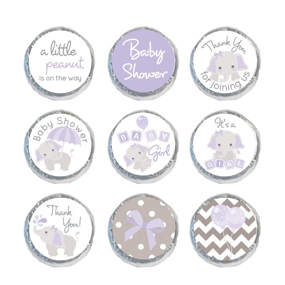 324 Mini Candy Stickers Girl Baby Shower Favor Gray Elephant Labels Tiny 0.75 Inch (Purple)