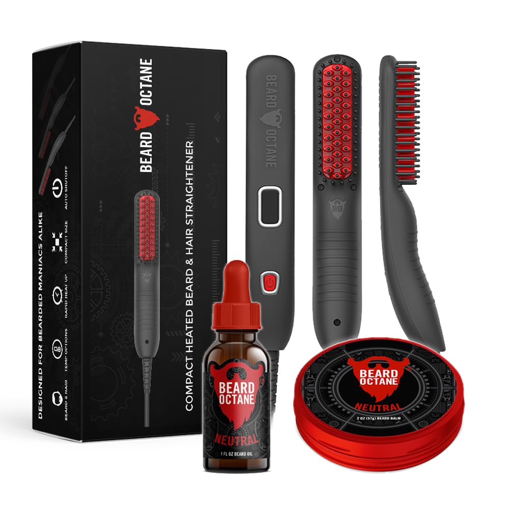 Beard Octane: Beard Straightener Smooth & Style Kit - Natural Beard Balm & Beard Oil w/Argan Oil - Unscented - Ceramic Heated Straightener Brush - Gift for Dad