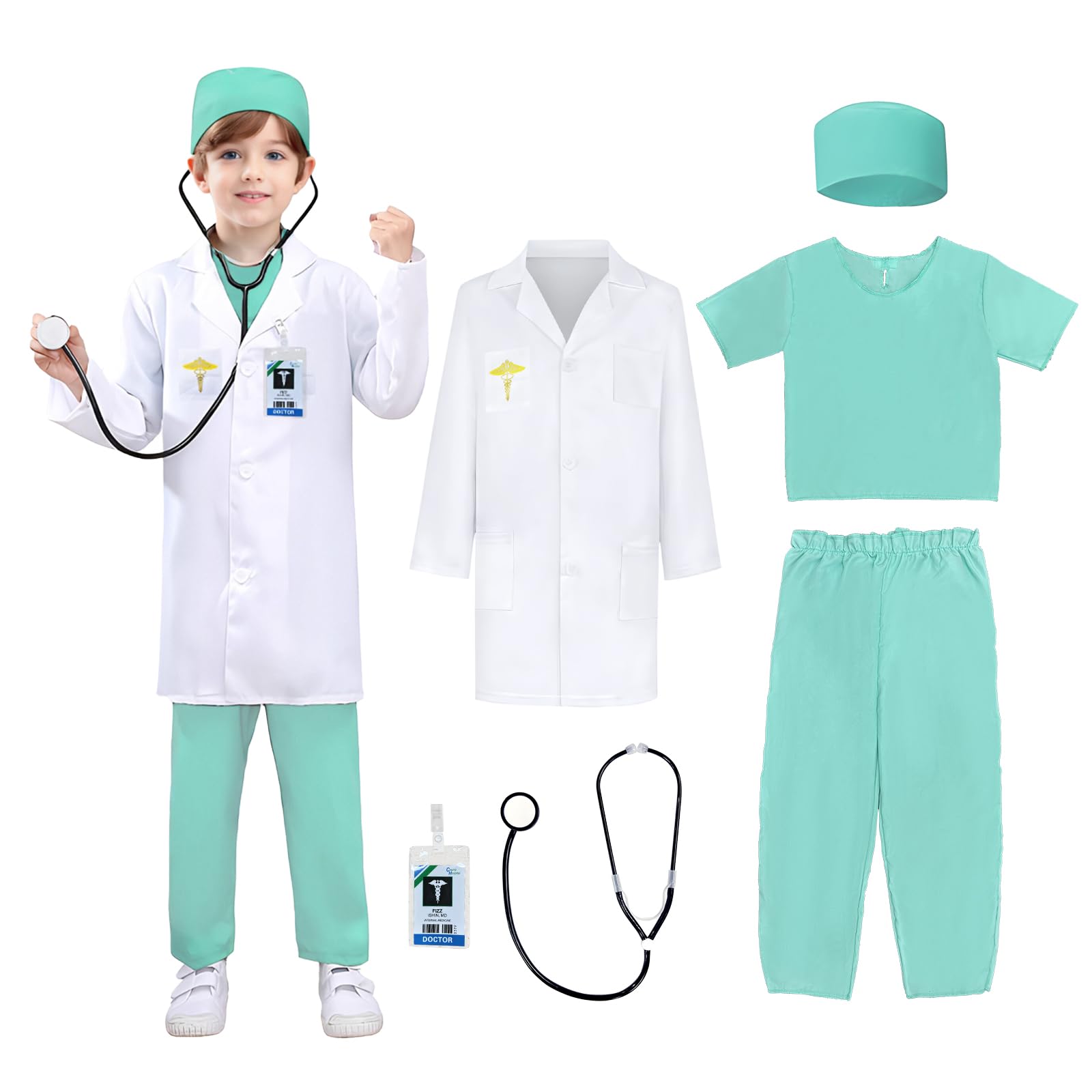 Kids Doctor Costume with Lab Coat Hat Stethoscope and Badge for Cosplay Halloween Costumes