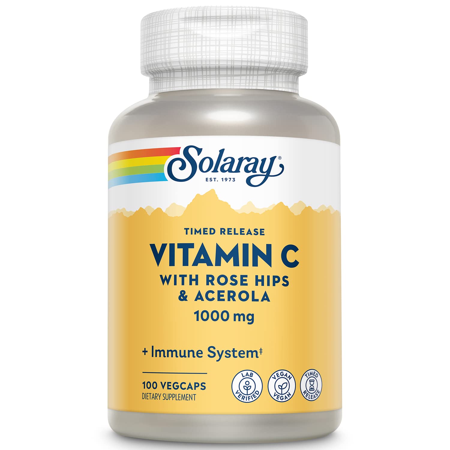 SOLARAYVitamin C 1000mg - Time Release Vitamin C Capsules w/Rose HIPS and Acerola for Bioflavonoid Support - Two-Stage, All-Day Immune Support - Vegan, 60 Day Guarantee, 100 Servings, 100 VegCaps