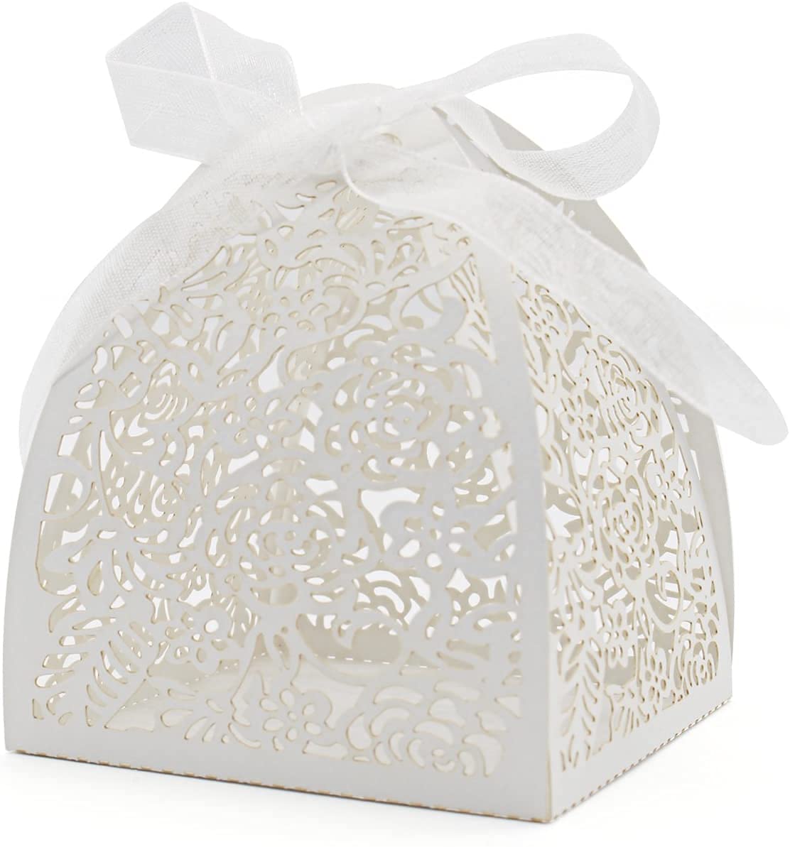 ELECDON Pack of 70 Laser Cut Rose Candy Boxes, Favor Boxes 2.5"x 2.5"x 3.1", Gift Boxes Bridal Shower Anniverary Birthday Party Wedding Favor (White-50)