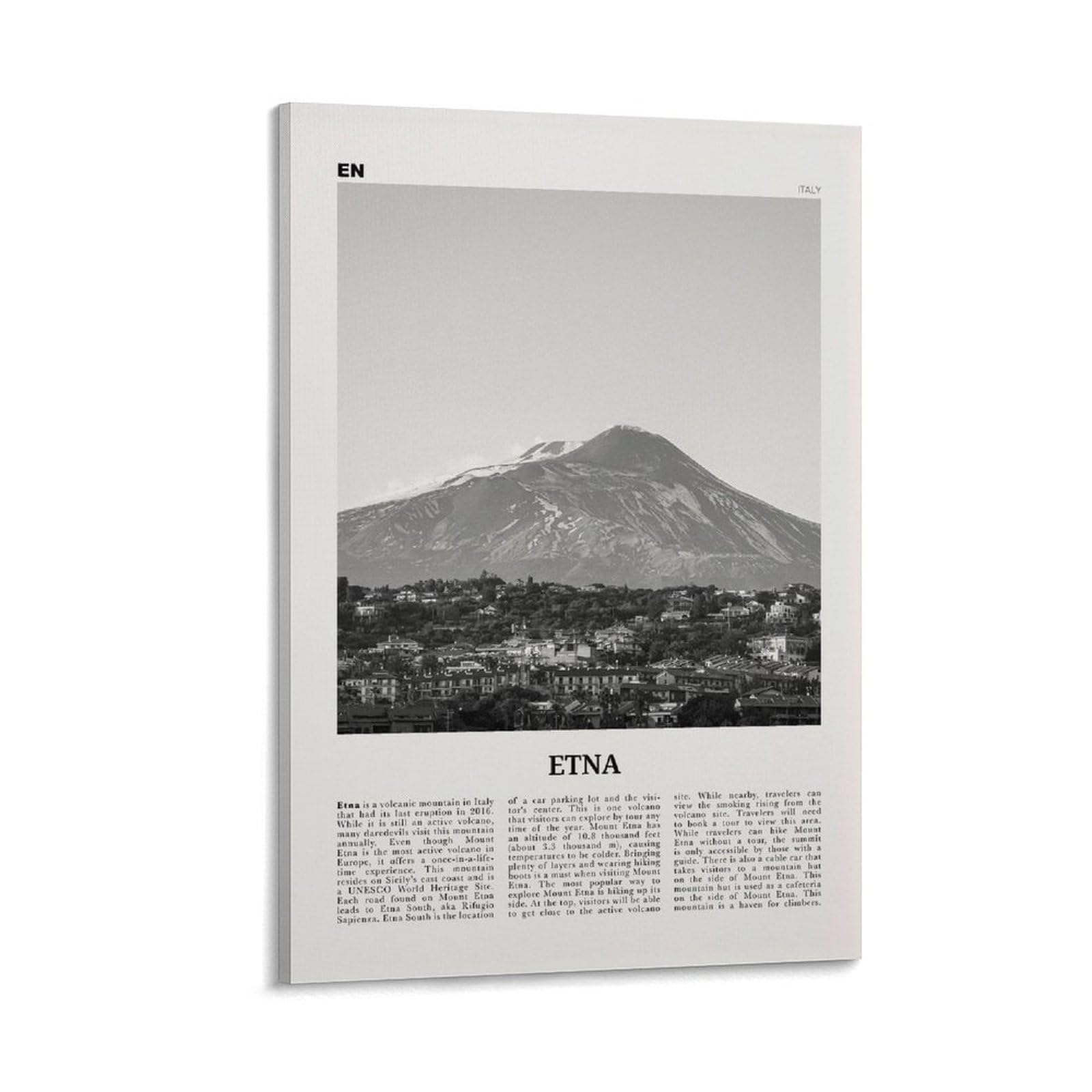 LZTEN Etna Print Black And White, Etna Wall Art, Etna Poster, Etna Photo, Etna Wall Décor, Etna Map, Italy Canvas Wall Art Poster Framed 12x18inch