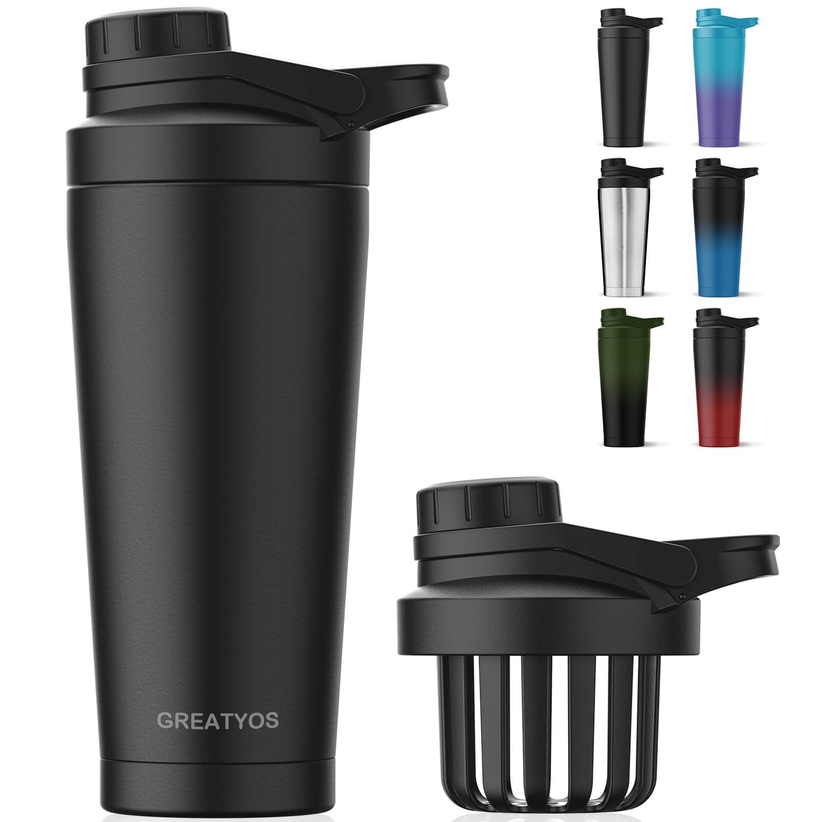 Stainless Steel Shaker Bottle with Noise-Free Design - Patented 24 oz Insulated Metal Shakers Bottles Cup for Protein Mixes and Pre Workout 100% Leak Proof (Black)