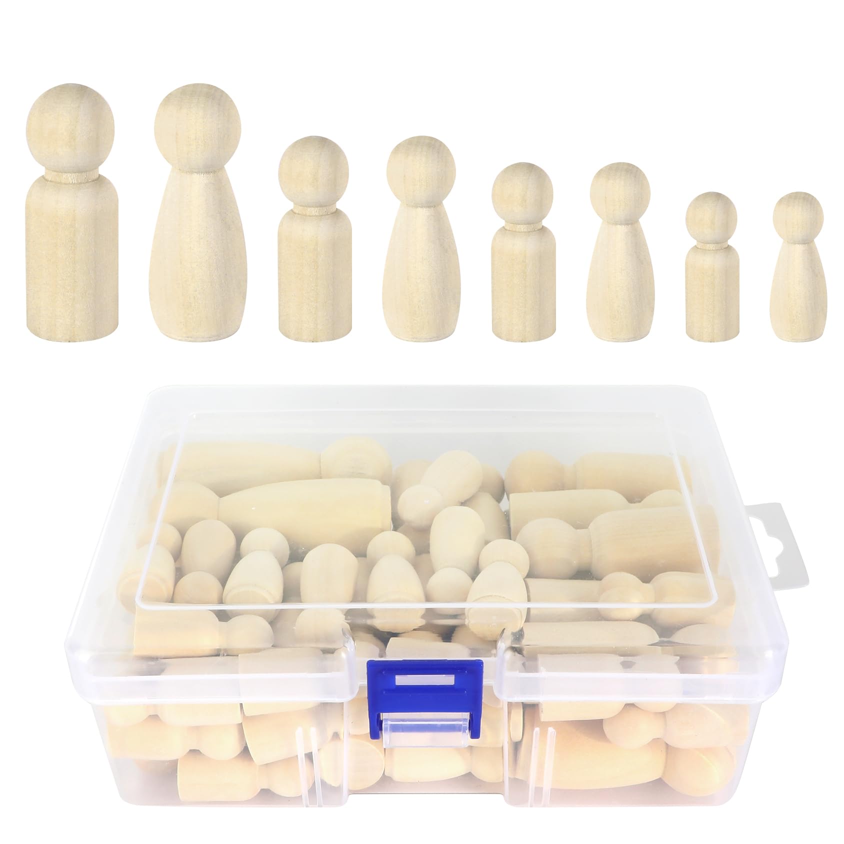 Viaky 50 Pcs Wooden Peg Doll, Wooden Peg People DIY Painting Toys, Unfinished Natural Wooden Pegs People Shape Doll with Storage Box for Kids Painting, Creative Art Projects and Decoration (4 Sizes)