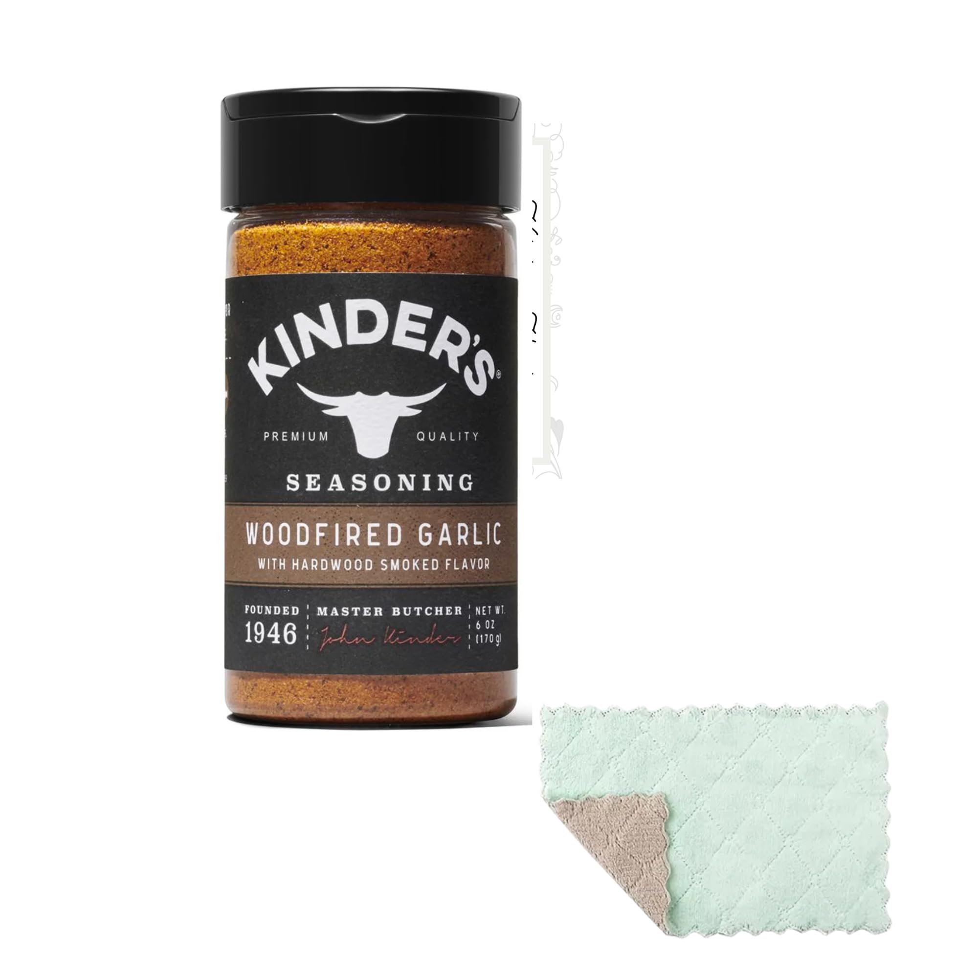 Kinders Woodfired Garlic Seasoning 1 Pack (6 oz) Bundled with Microfiber Wash Cloth and Kitchen Hack Card by Amcient