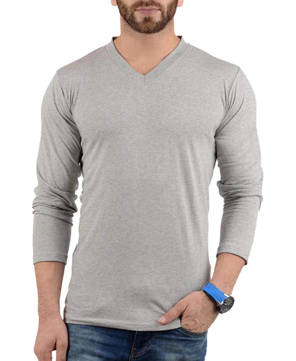 Plain Long Sleeve Shirt Men - Grey & Black Soft Comfortable V Neck Full Sleeves Fashion Tees for Men