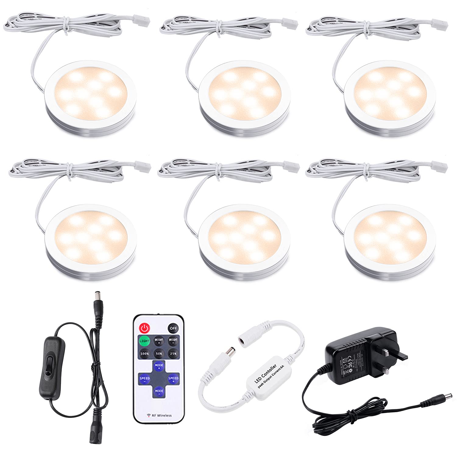 AIBOO LED Kitchen Under Cabinet Lighting Kit Dimmable with Wireless RF Remote,UK Plug,6 Pack Round Display 240V LED Puck Lights,6W Under Cupboard Counter Shelf Lights (Warm White 2700K)