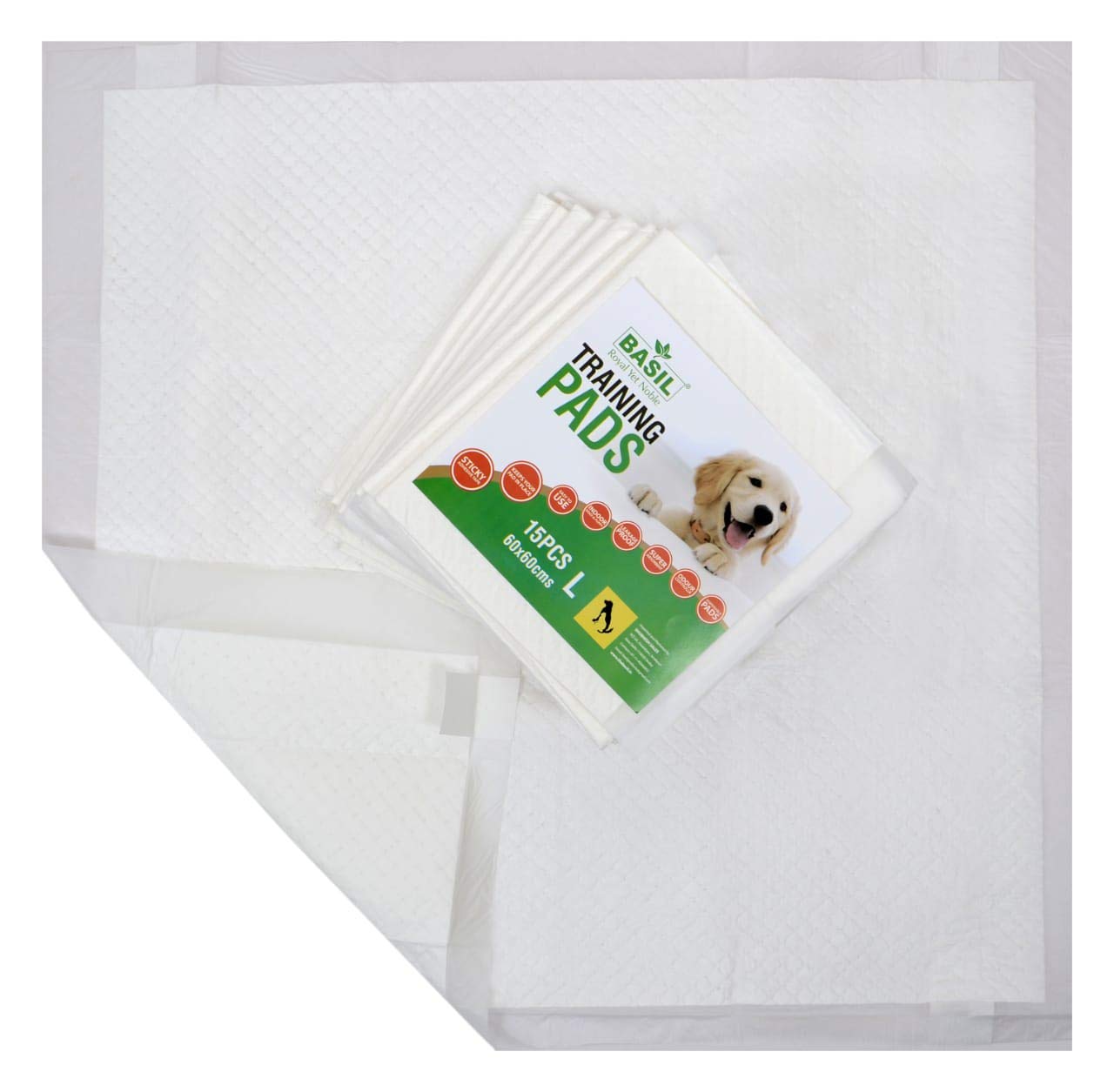 Basil Puppy Training Pads 60 x 60cms with Stick on The Floor, 15 Pieces, 600 g