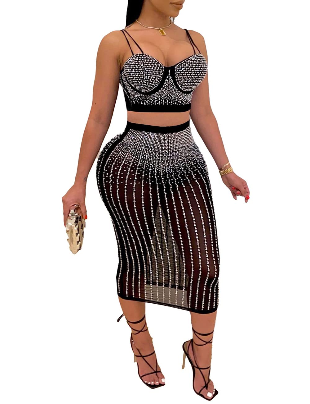 LradyWomen Sexy Hot Drilling 2 Pieces Outfits Crop Top and Midi Skirts Set for Cocktail Party