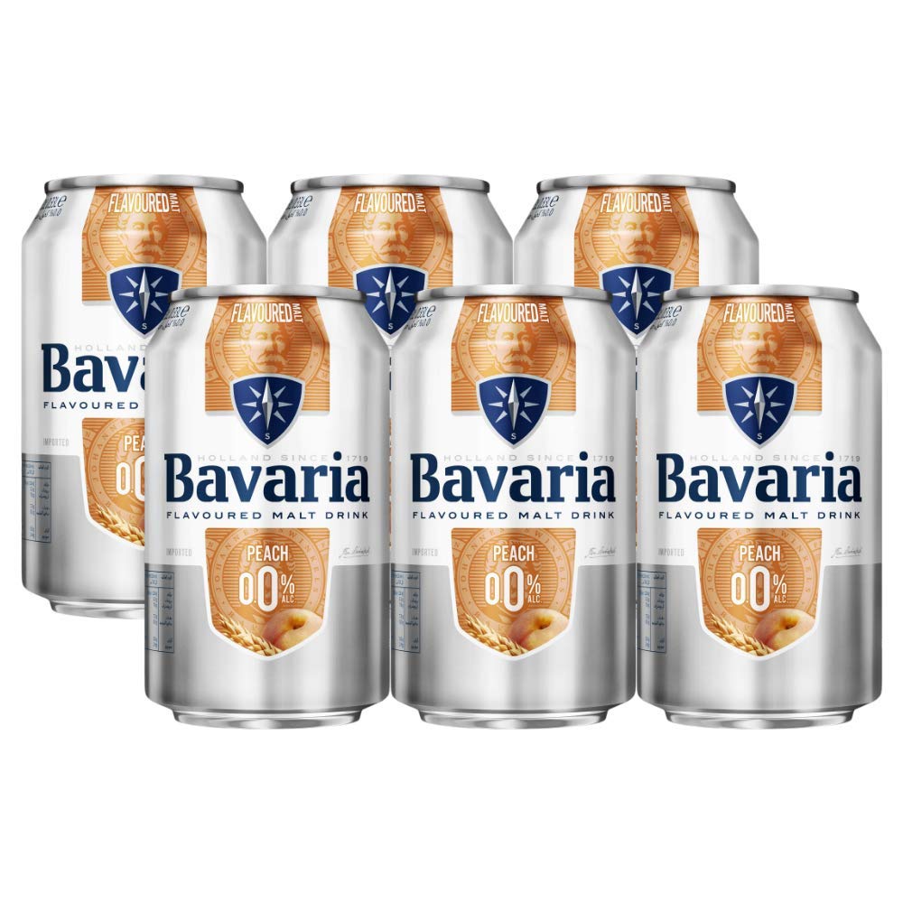 Bavaria Non Alcoholic Beer Malt Beverage Peach Flavor Pack of 6 Cans 330ml Each