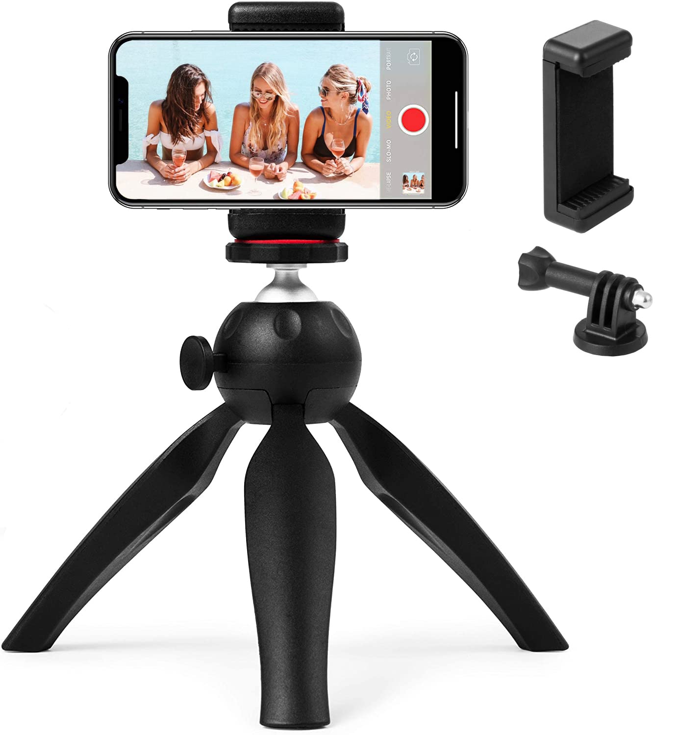 PolarduckMini Phone Tripod Selfie Stick for iPhone with Phone Stand Holder, Gopro Mount & 360° Rotating Ballhead, Small Travel Tripod Compatible with iPhone Samsung Smartphone, Gopro and Projector