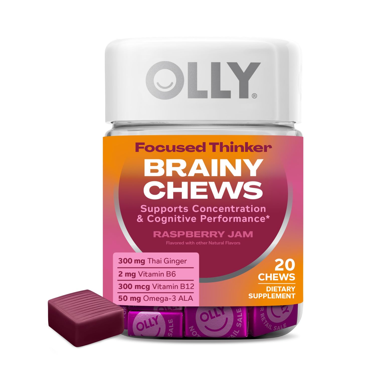 OLLY Focused Thinker Brainy Chews, Omega-3 ALA, Vitamins B6 & B12, Plus Thai Ginger Extract for Alertness, Concentration & Cognitive Performance Support, Vegetarian, Raspberry, 20 Count