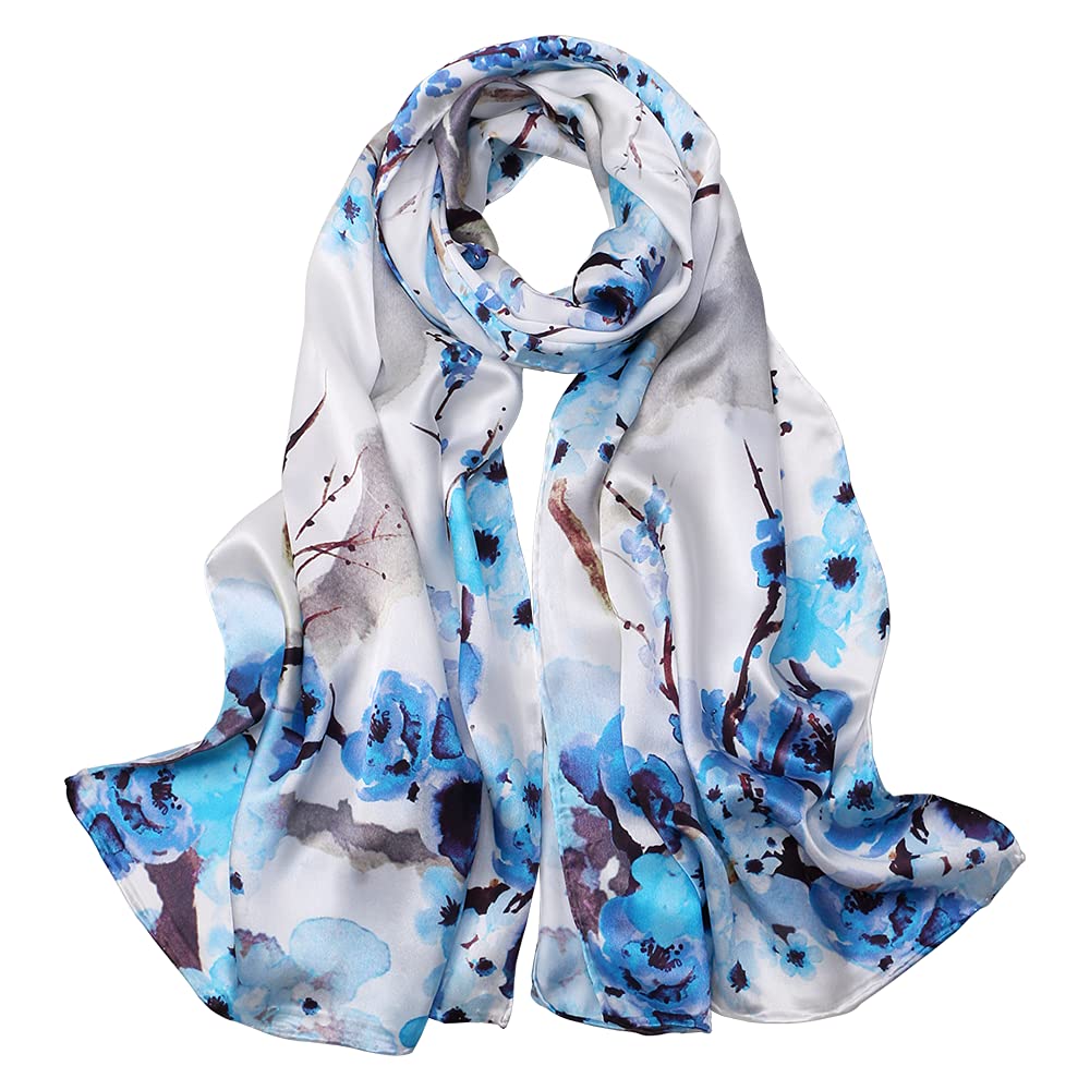 Women's Mulberry Silk Scarf Floral Print Satin Long Scarf Wrap Shawl