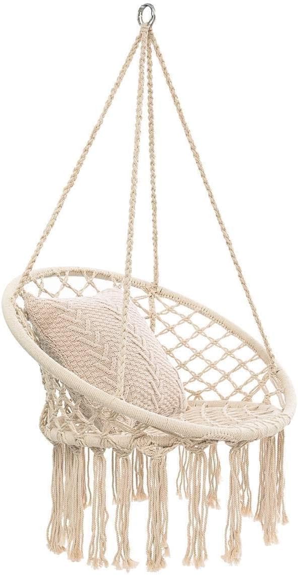 Vital Hammock Chair Macrame Swing -Hanging Cotton Rope Hammock Swing Chair for Indoor and Outdoor Use,Handmade Knitted Cotton Rope Hanging Chair with Hanging Hardware Kits (Beige)