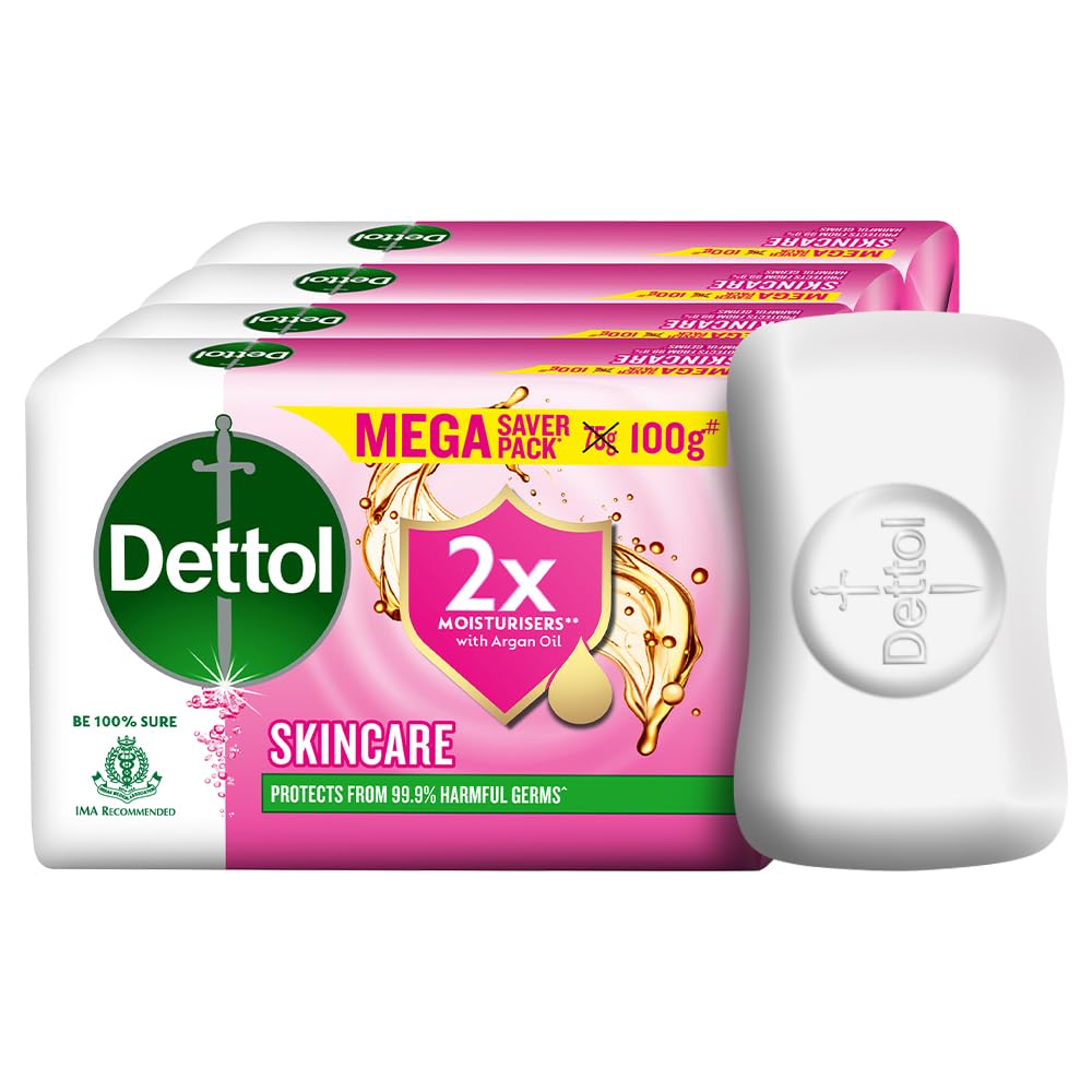 Dettol Skincare Moisturizing Beauty Bathing Soap Bar with Argan Oil (400gm) | Softer Skin, 100gm, Pack of 4