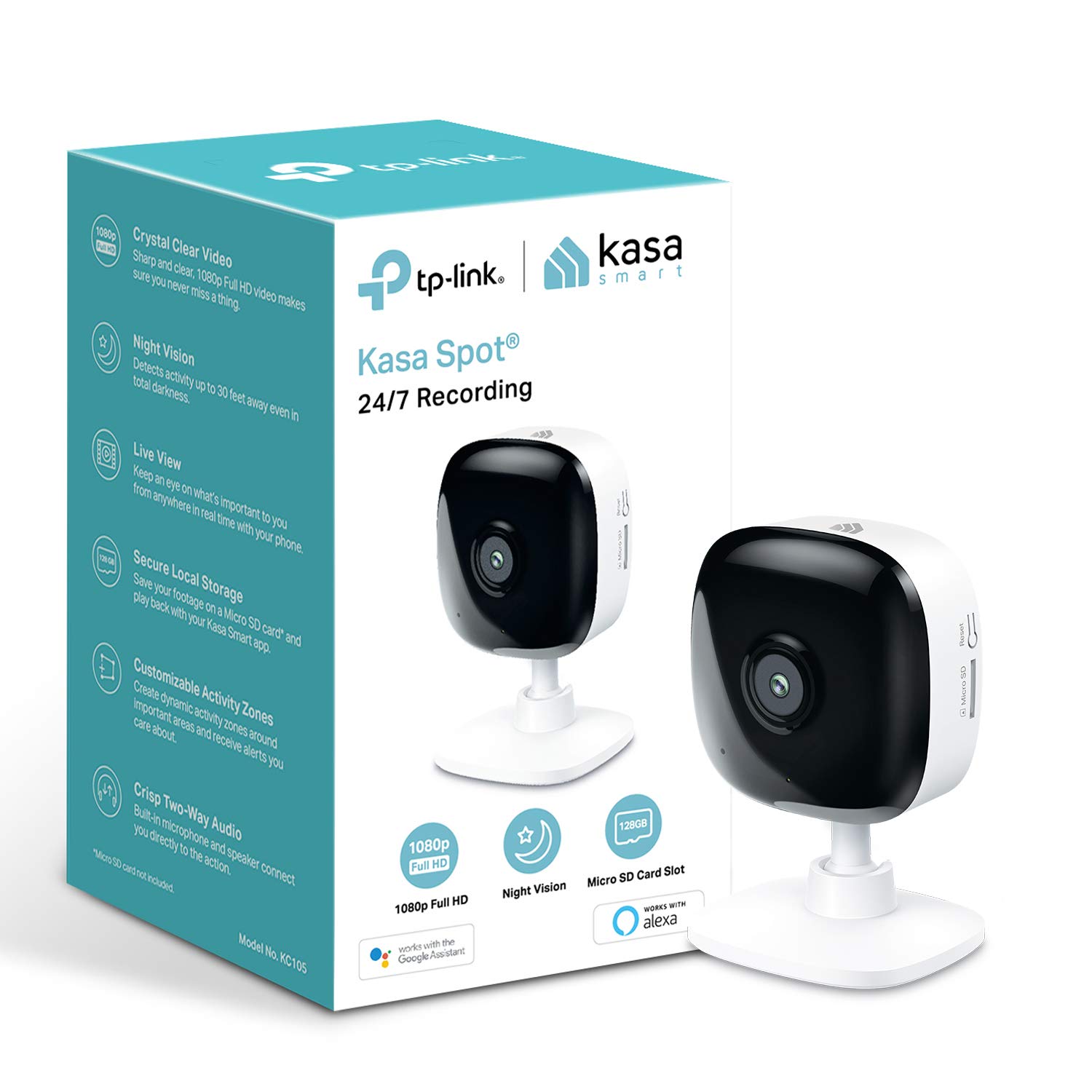 TP-Link Kasa Smart Security Camera, Baby Monitor, Indoor CCTV, No Hub Required, Works with Alexa(Echo Spot/Show&Fire TV), Google Home/Chromecast, 1080p, 2-Way Audio with Night Vision(KC105)