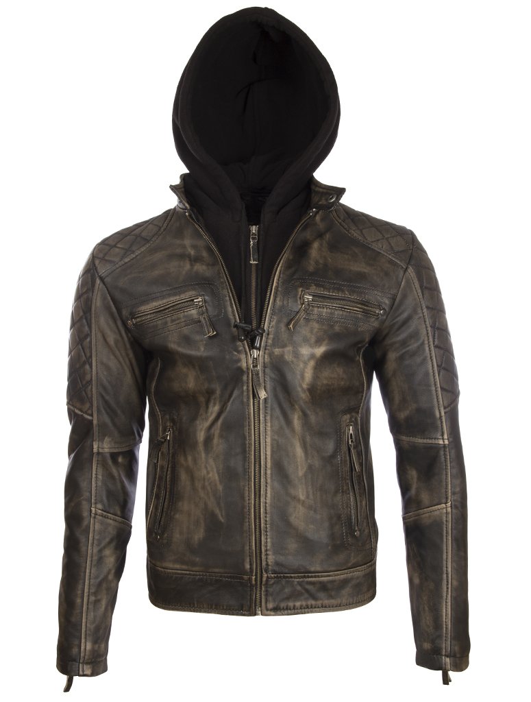 Men's Real Leather Vintage Look Biker Jacket with Removable Hood (2JB2)