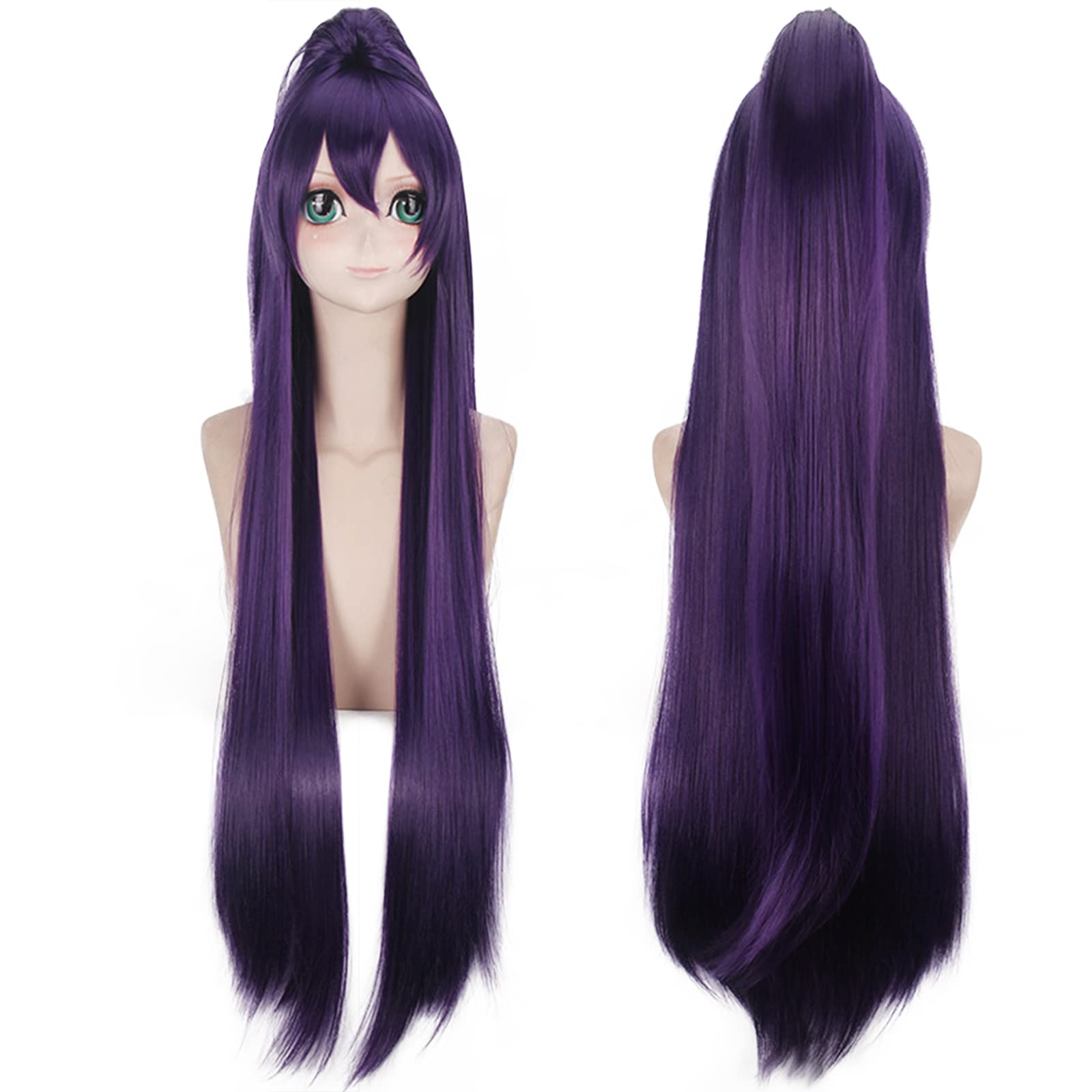 ANOGOL Hair Cap +Long Straight Purple Wig Synthetic Wig With Bangs for Women Anime Costume Wig for Halloween Cosplay Party