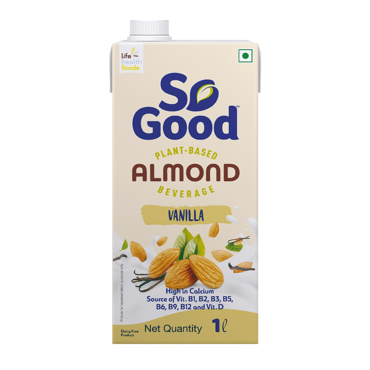 So Good Plant Based Almond Beverage Vanilla 1 L | Vanilla | Lactose Free | Gluten Free | No Preservatives | Zero Cholesterol | Dairy Free| Source of Calcium & Vitamins