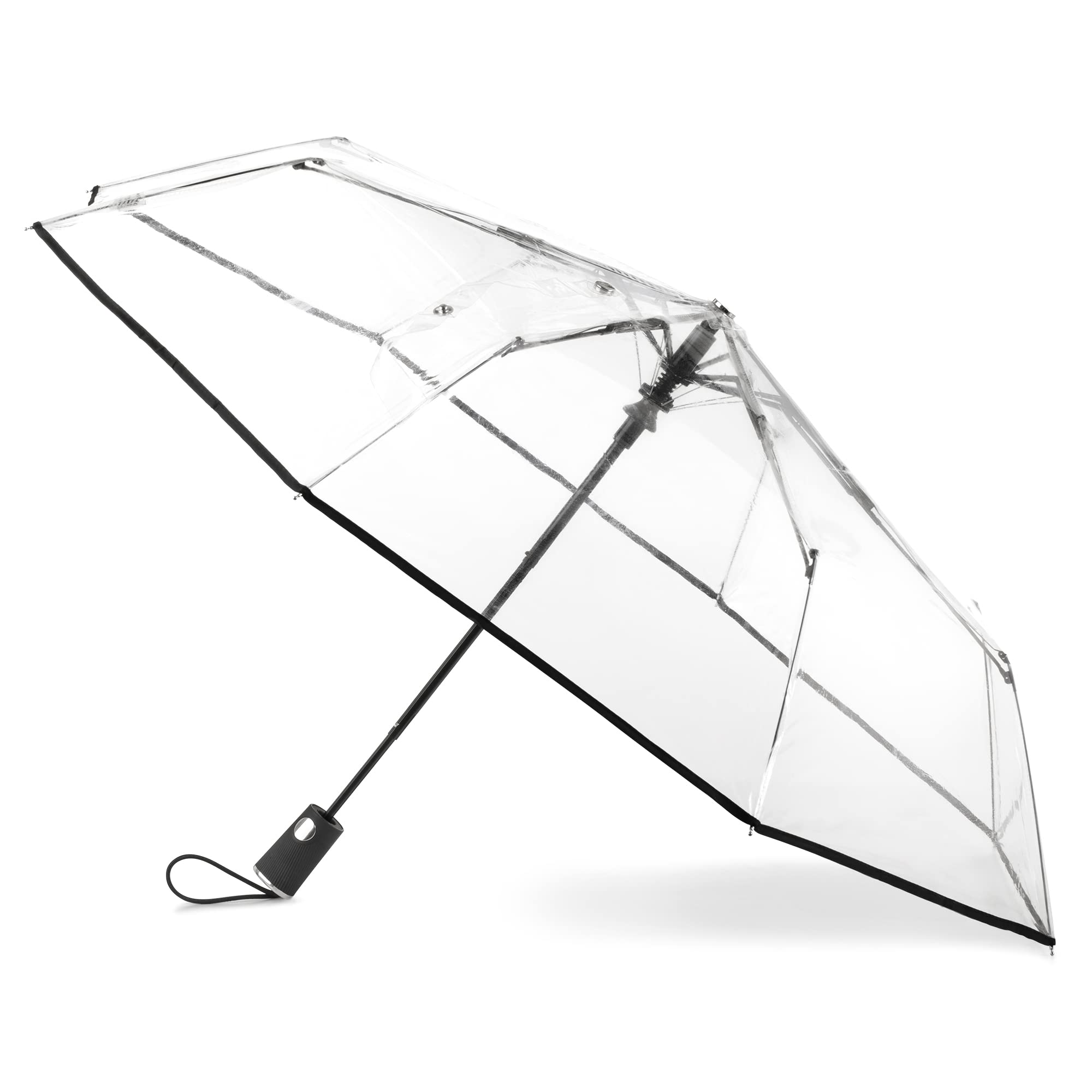 Totes Automatic Clear Umbrella - 42-Inch Foldable Lightweight Clear Canopy - Rubber Coated Handle - Travel Compact Umbrella for Rain - Wedding and Large Rain Use, Clear