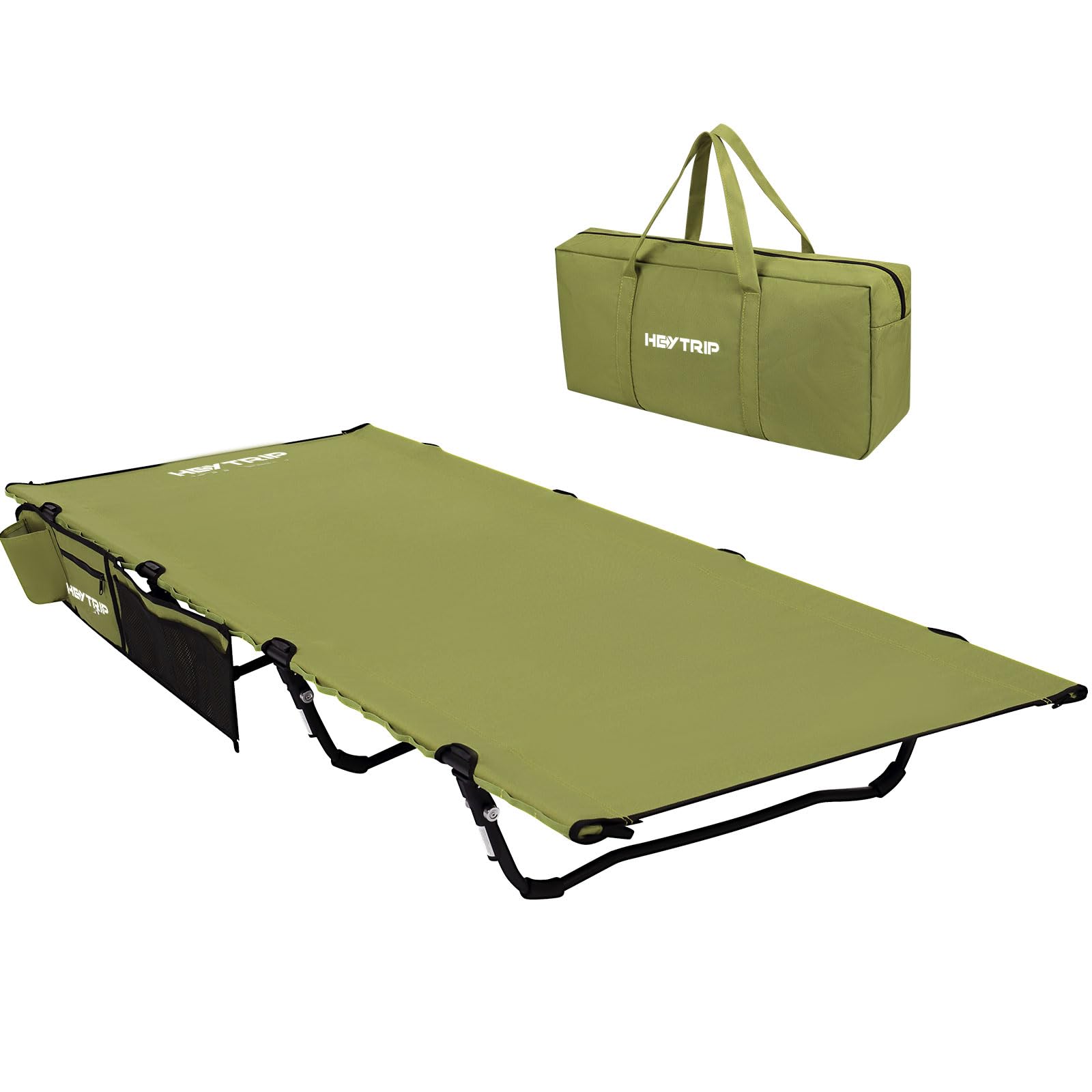 HEYTRIP Extra-Wide Folding Camping Cot, Quiet Sleeping Cot With Side Pocket, XXL Camping Bed Support 350lb, Lightweight Folding Cot With Camp Cot Carry Bag, Backpacking Cots Car Camping Outdoor(green)