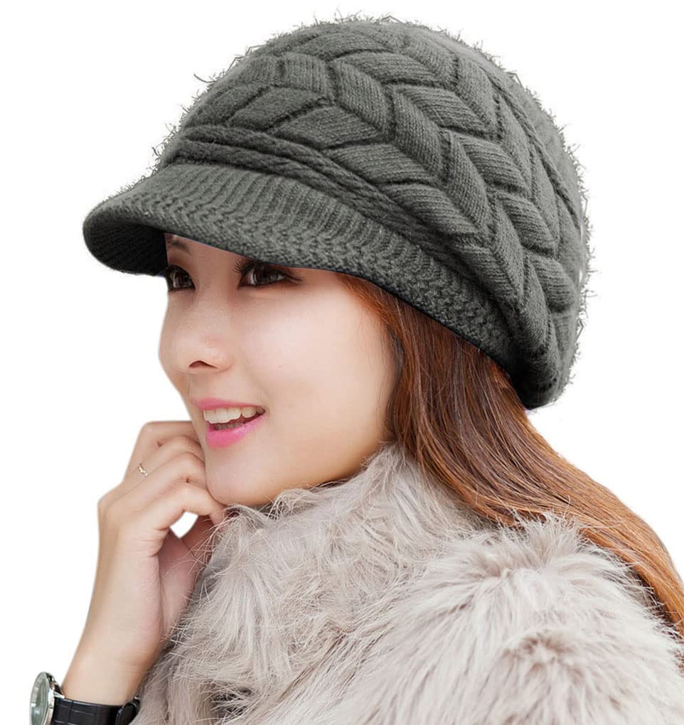 HINDAWIWomen Winter Warm Knit Hat Wool Snow Ski Caps with Visor