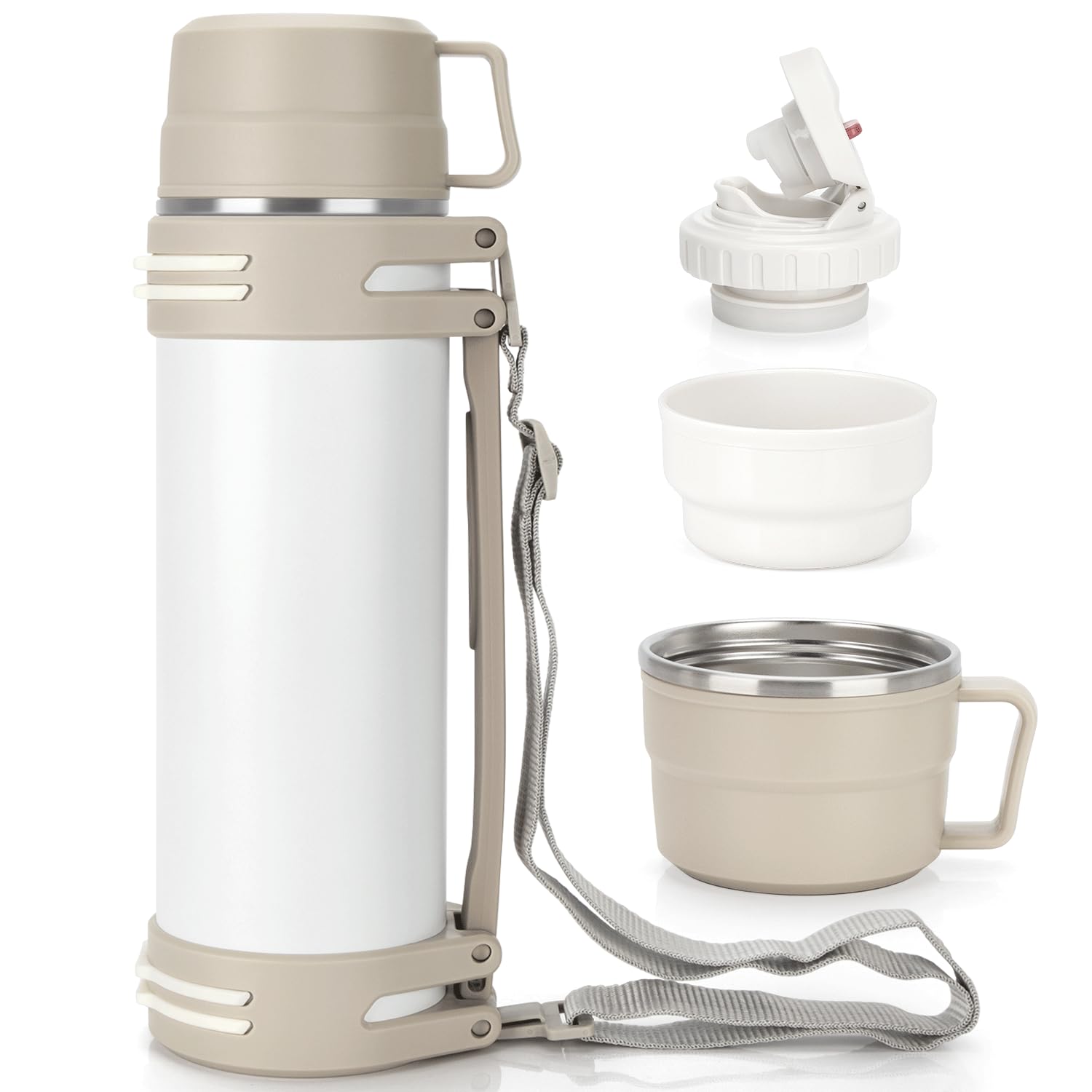 Thermos Flask with Handle, Thermos Flask with 2 Cups, Double Wall Stainless Steel Insulated Flask, Leak-Proof and Robust Thermos Flask Large Camping or Hiking with Robust Carry Strap (White, 1.5 L)