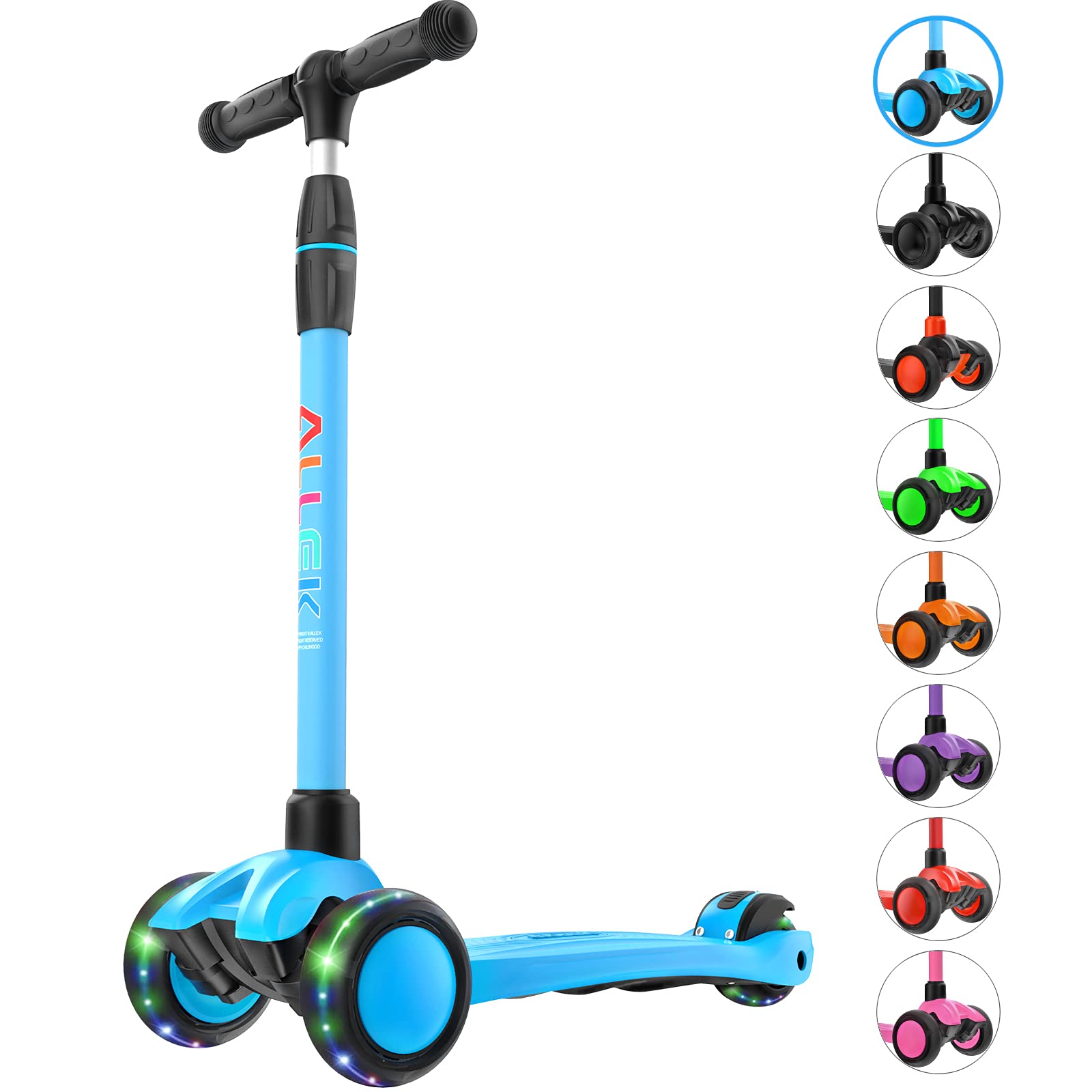 AllekKick Scooter B03, Lean 'N Glide 3-Wheeled Push Scooter with Extra Wide PU Light-Up Wheels, Any Height Adjustable Handlebar and Strong Thick Deck for Children from 3-12yrs (Aqua Blue)