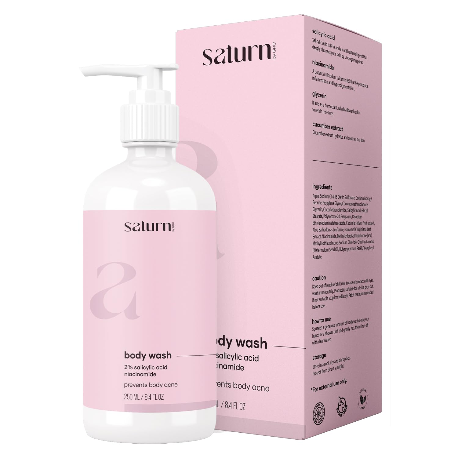 Saturn by GHC 2% Salicylic Acid Body Wash for Women With Niacinamide, Glycerin & Cucumber Extract, Gently Exfoliates & Deeply Nourishes, SLS-Free, Paraben-Free | 250 ml | Pack of 1