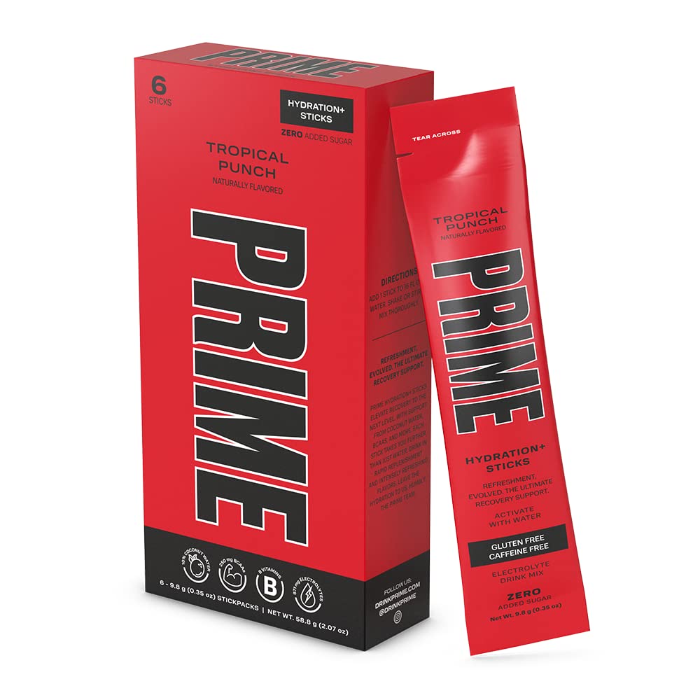 PRIME HYDRATION+ Sticks Tropical Punch | Hydration Powder Single Serve Sticks | Electrolyte Powder On The Go | Low Sugar | Caffeine-Free | Vegan | 6 Sticks