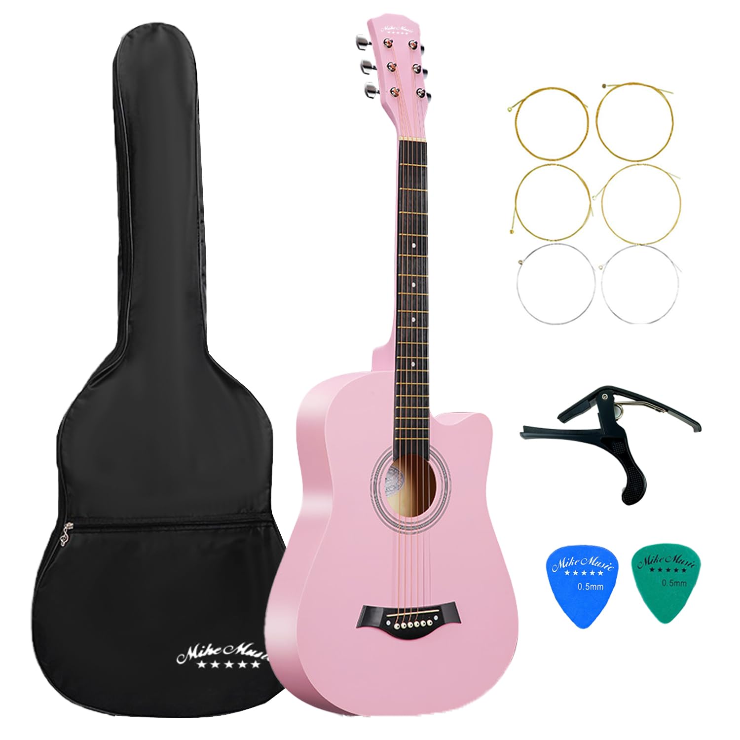 Mike Music38 inch Acoustic Guitar in Full Size Pink Guitar Beginner Set, All Wood Cutaway Acoustic Guitar for Beginner, Guitar Starter Kit with Gig Bag/Capo/A Pack of Extra Strings/Picks