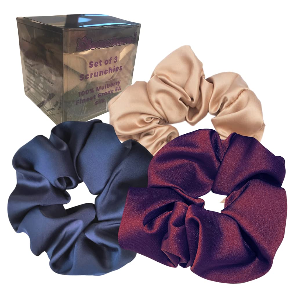 Pack 3 100% Pure Mulberry Silk Scrunchies (Retro Chic: Navy Rose Gold & Burgundy)