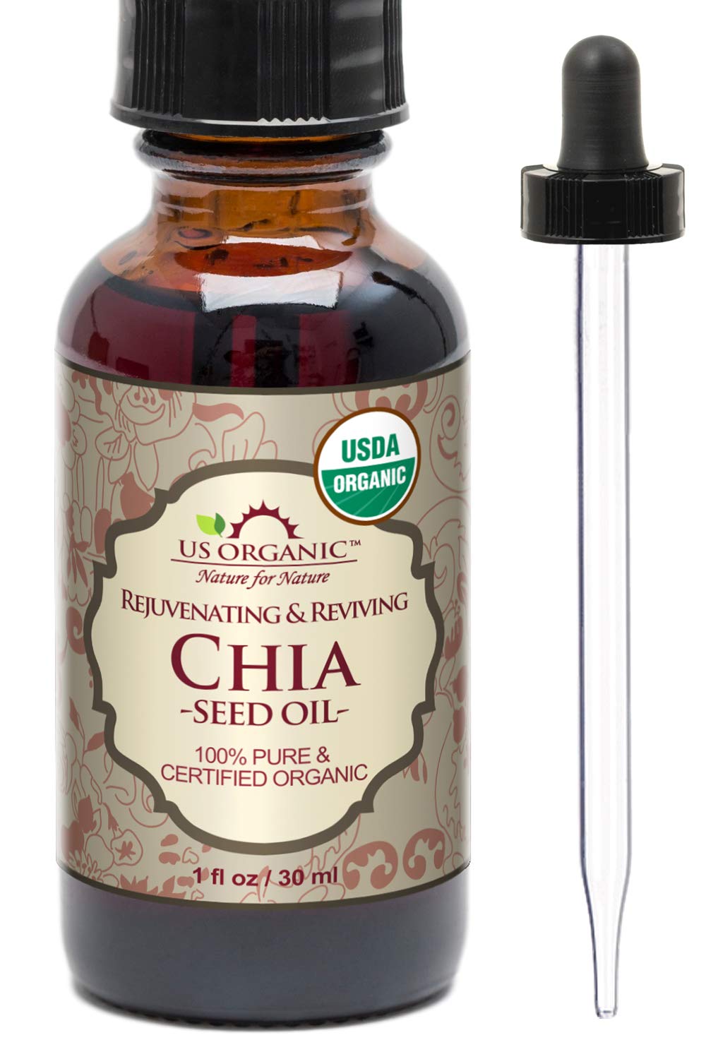 us organic chia seed oil, usda certified organic,100% pure & natural, cold pressed virgin, unrefined in amber glass bottle w/glass eyedropper for easy application (1 oz (30 ml))